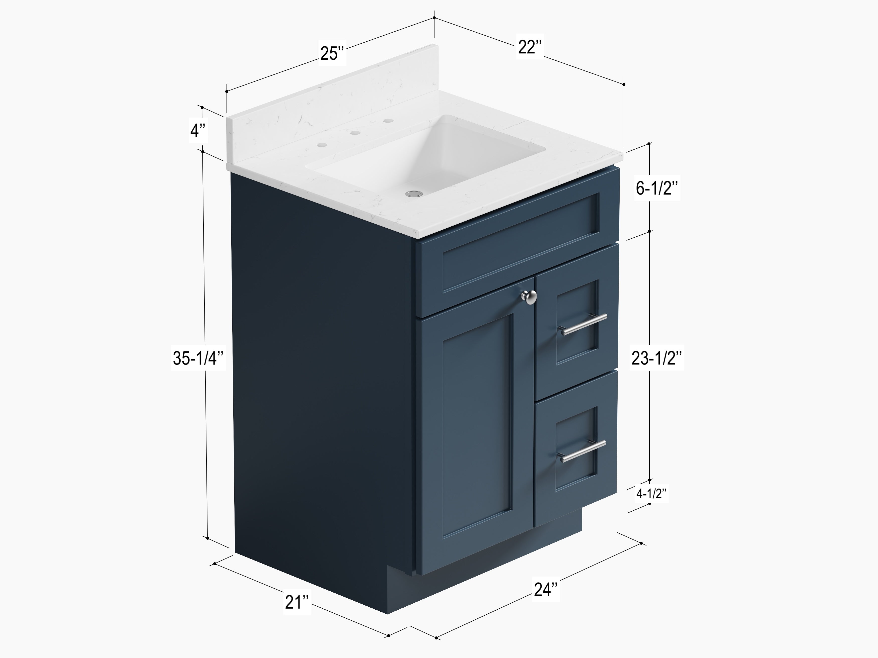 Disar 24" drawer Right White Bathroom Vanity Sink with Quartz Top