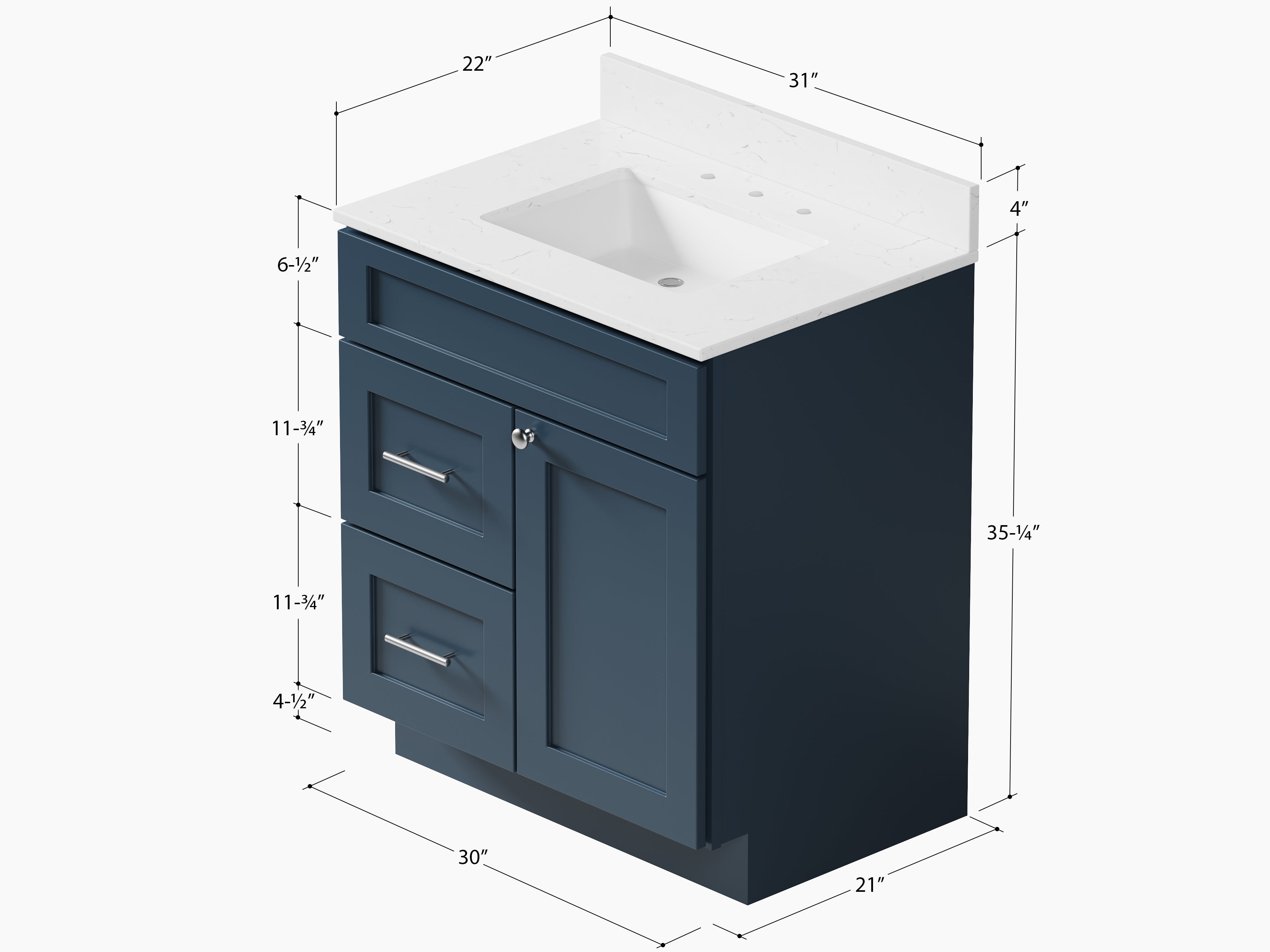 Disar 30" drawer left White Bathroom Vanity Sink with Quartz Top