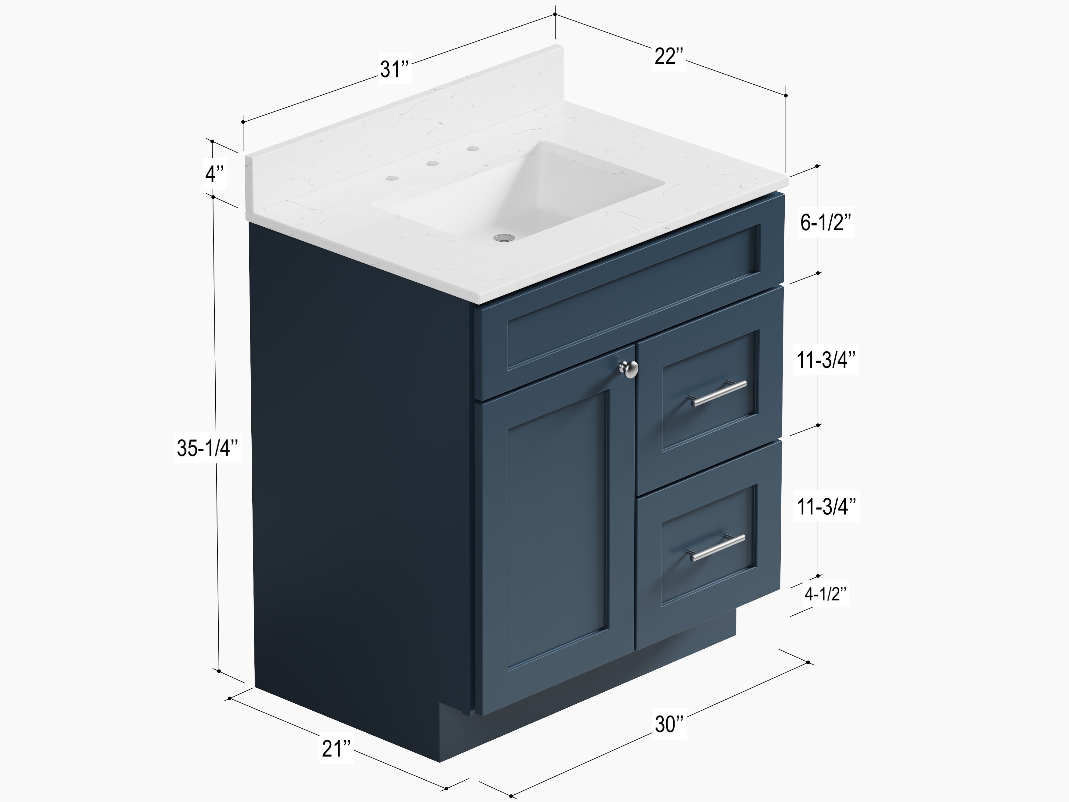 Disar 30 x 21 Inch Drawer Right  Bathroom Vanity White Single Sink