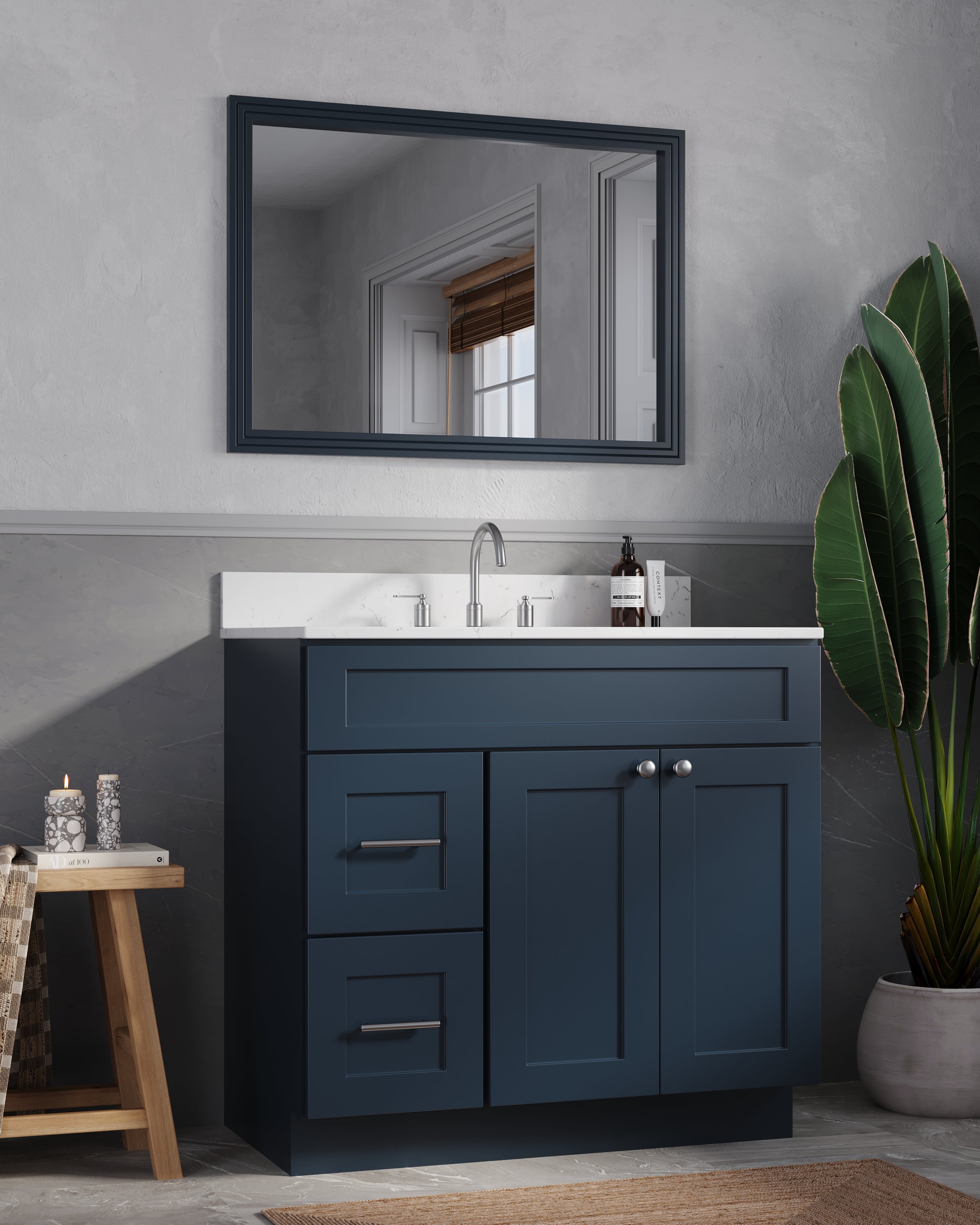 Disar 36'' White Bathroom Vanity with Calacatta Quartz Top and Left Drawers