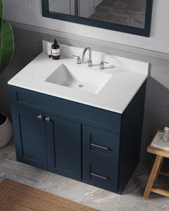 Disar 36'' White Bathroom Vanity with Calacatta Quartz Top and Right Drawers