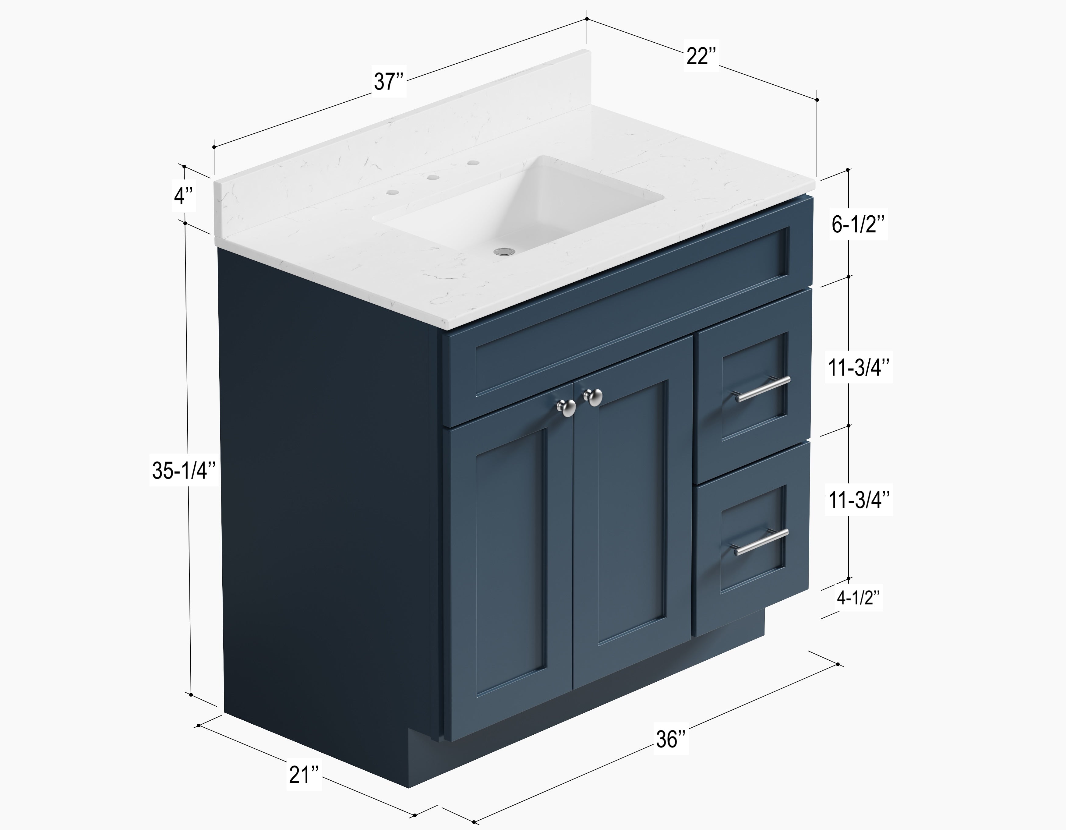 Disar 36'' White Bathroom Vanity with Calacatta Quartz Top and Right Drawers