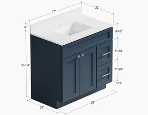 Disar 36'' White Bathroom Vanity with Calacatta Quartz Top and Right Drawers