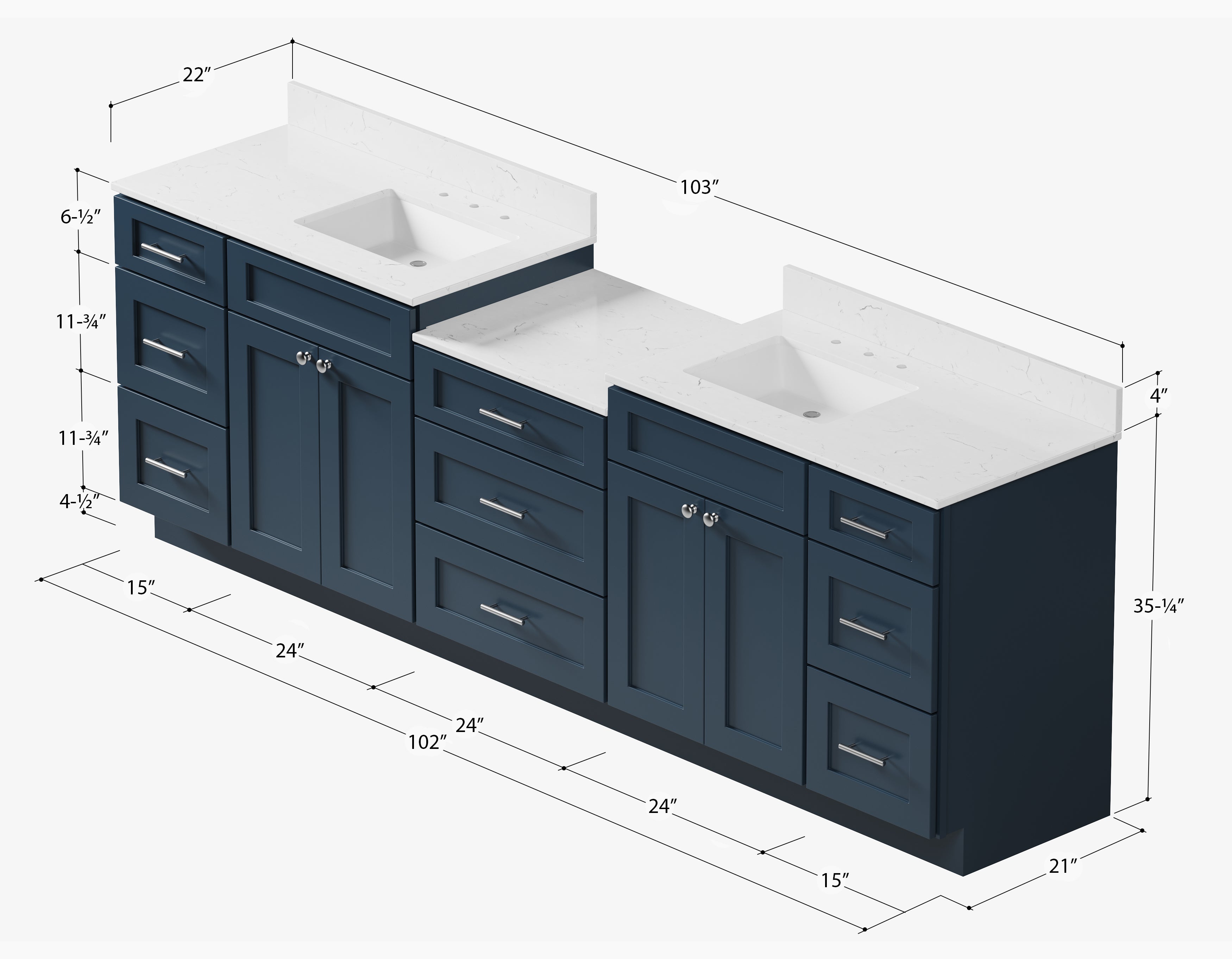 Disar 102'' Double Bathroom Vanity Cabinet Shaker Dovetail Solid Wood Drawer Carrara Quartz Top