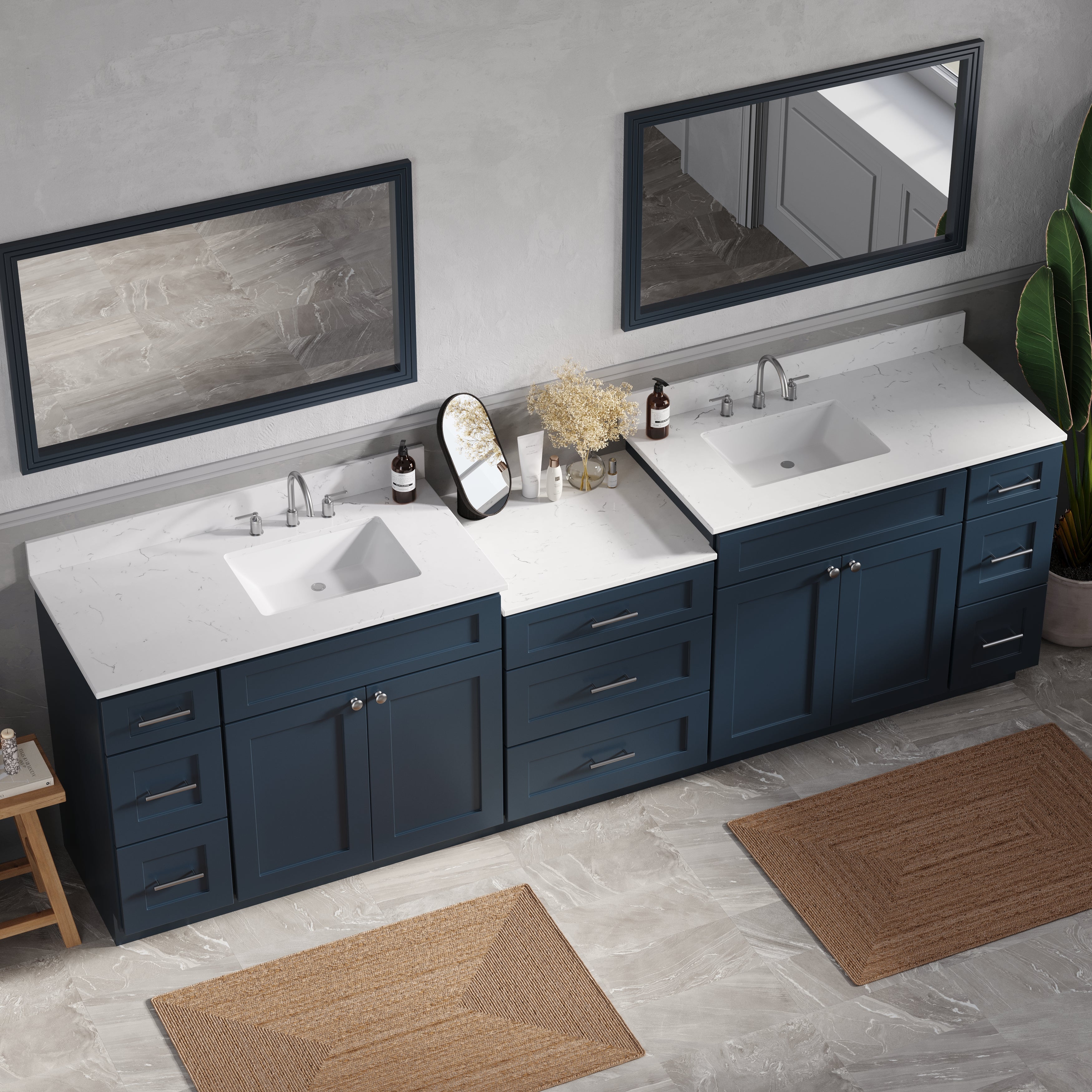 108'' Double Bathroom Vanity Cabinet Shaker Dovetail Solid Wood Drawer Carrara Quartz Top