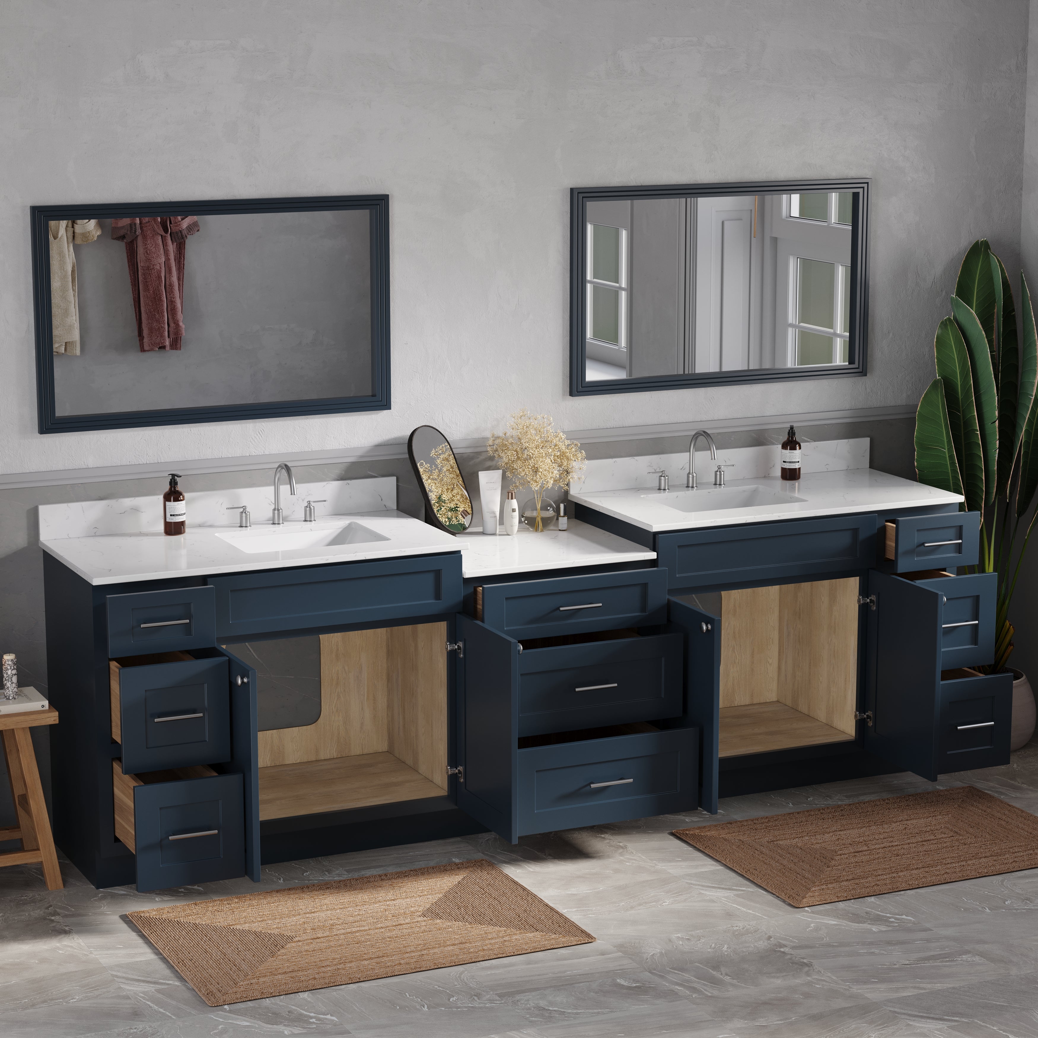 108'' Double Bathroom Vanity Cabinet Shaker Dovetail Solid Wood Drawer Carrara Quartz Top