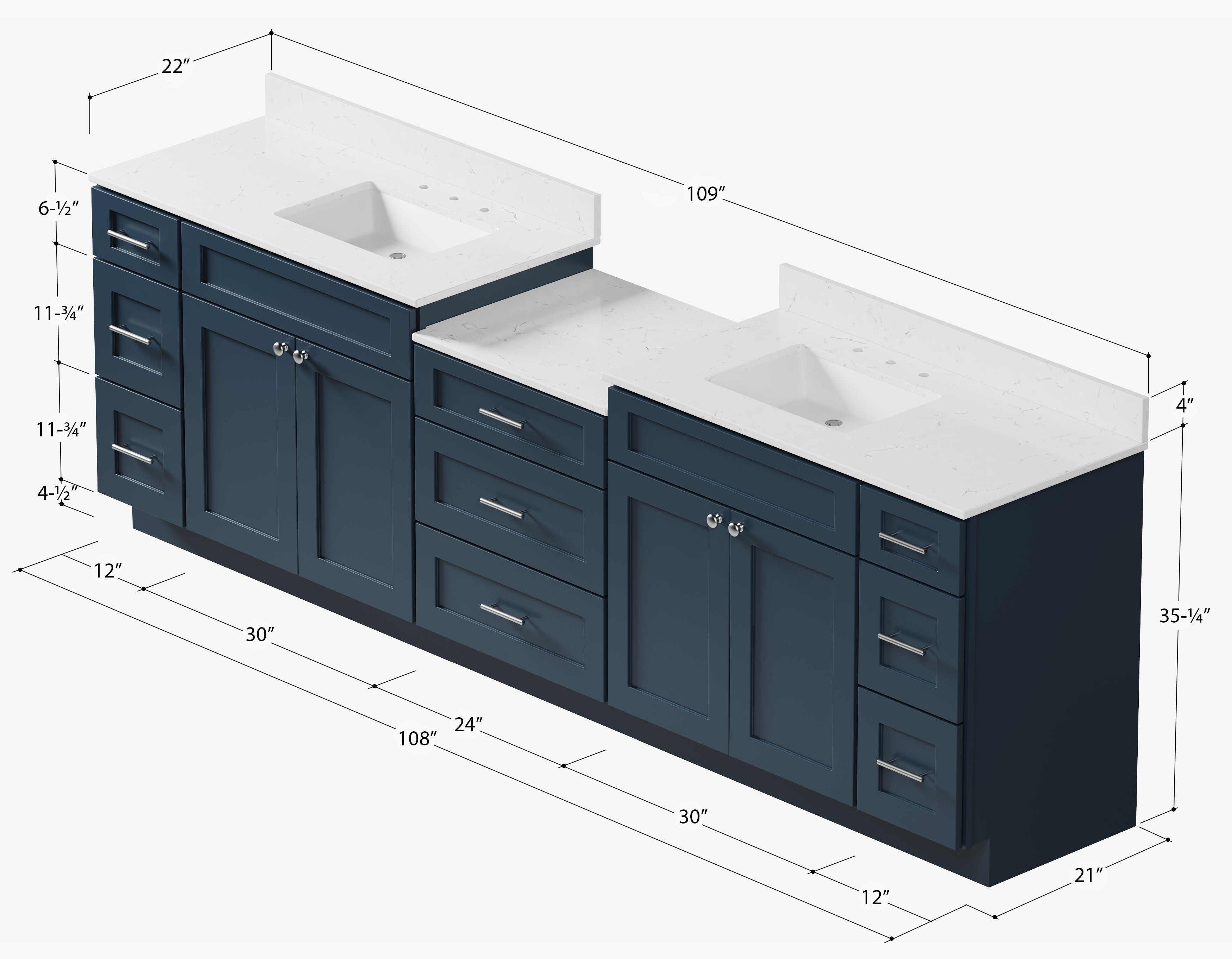 108'' Double Bathroom Vanity Cabinet Shaker Dovetail Solid Wood Drawer Carrara Quartz Top