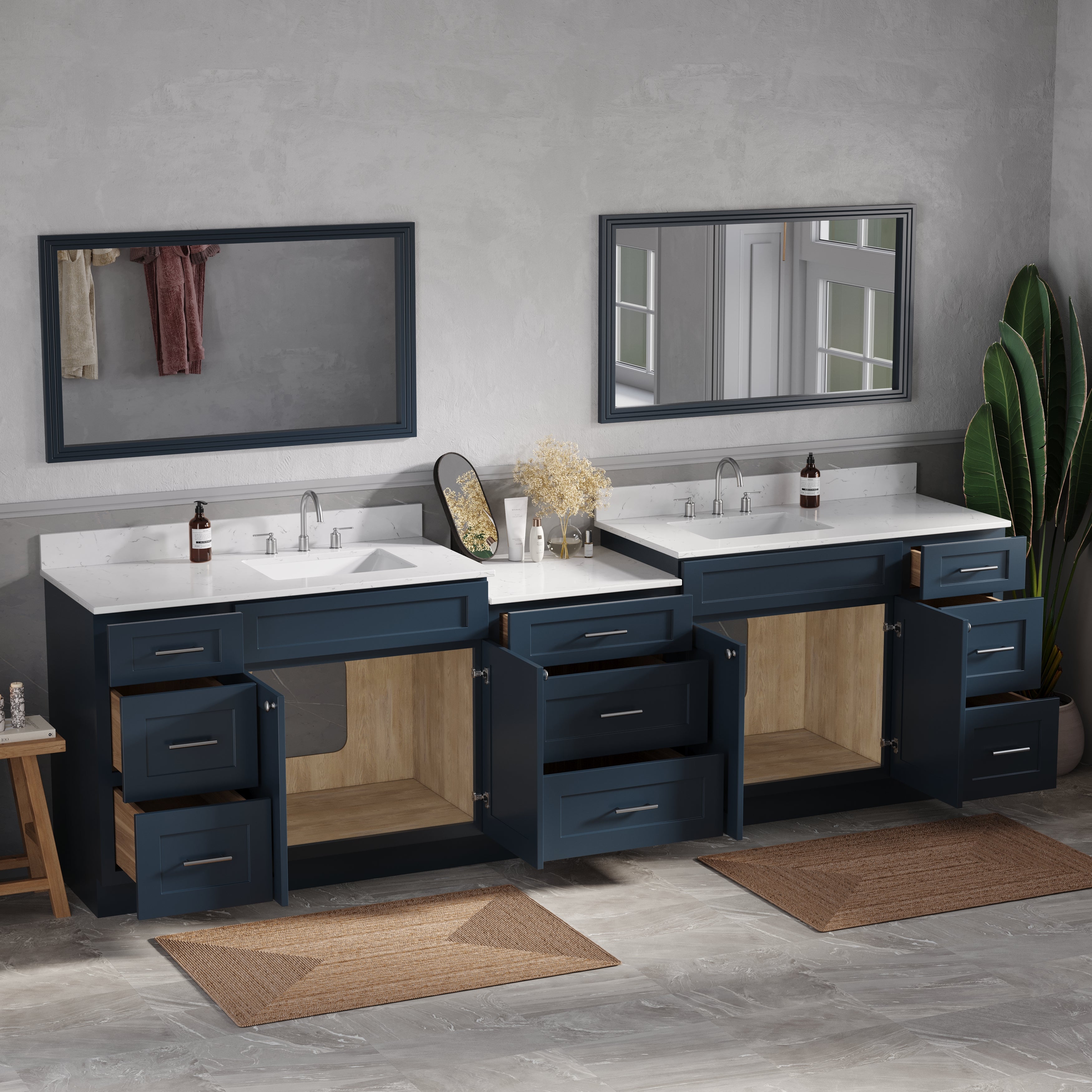 114'' Double Bathroom Vanity Cabinet Shaker Dovetail Solid Wood Drawer Carrara Quartz Top