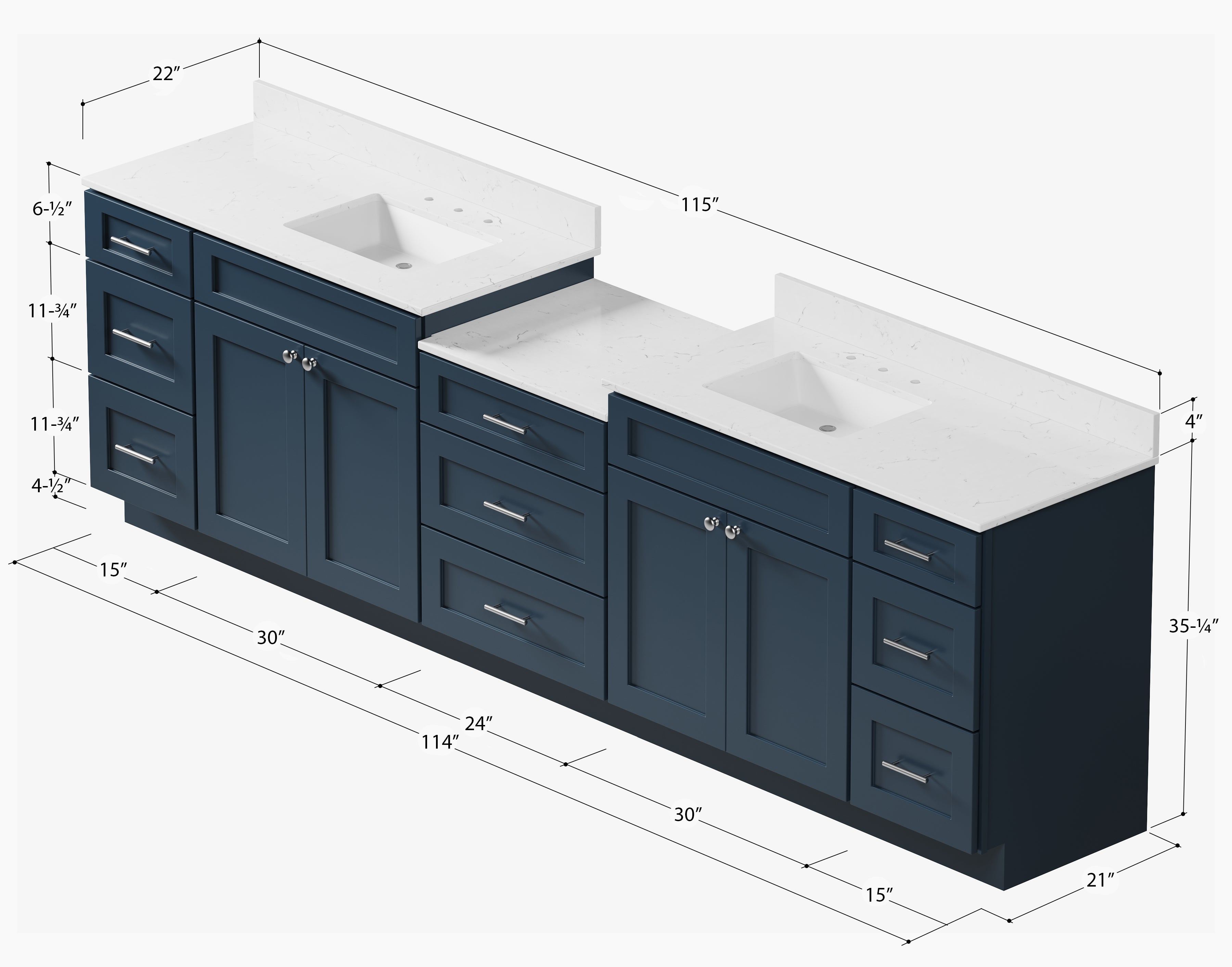 114'' Double Bathroom Vanity Cabinet Shaker Dovetail Solid Wood Drawer Carrara Quartz Top