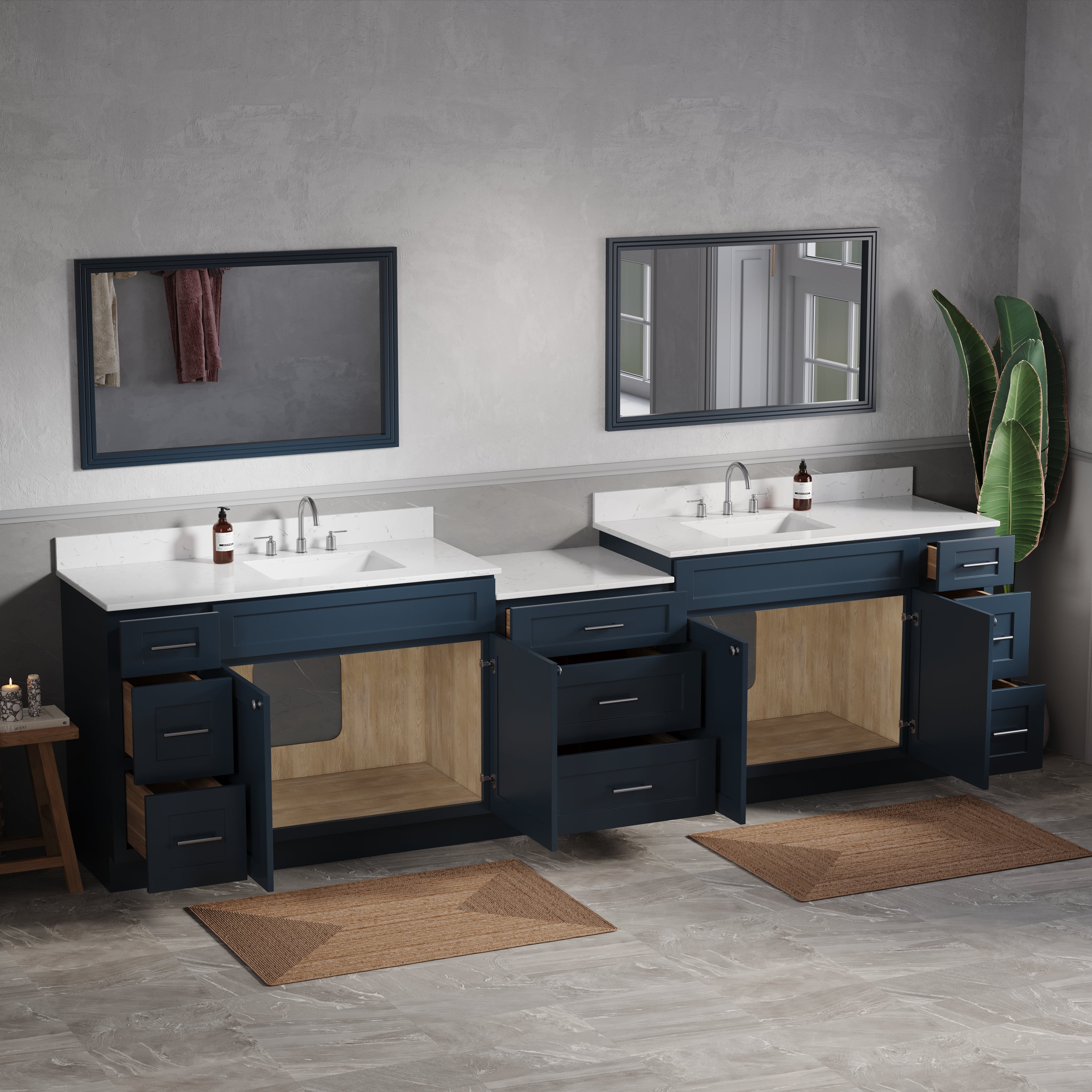 120'' Double Bathroom Vanity Cabinet Shaker Dovetail Solid Wood Drawer Carrara Quartz Top