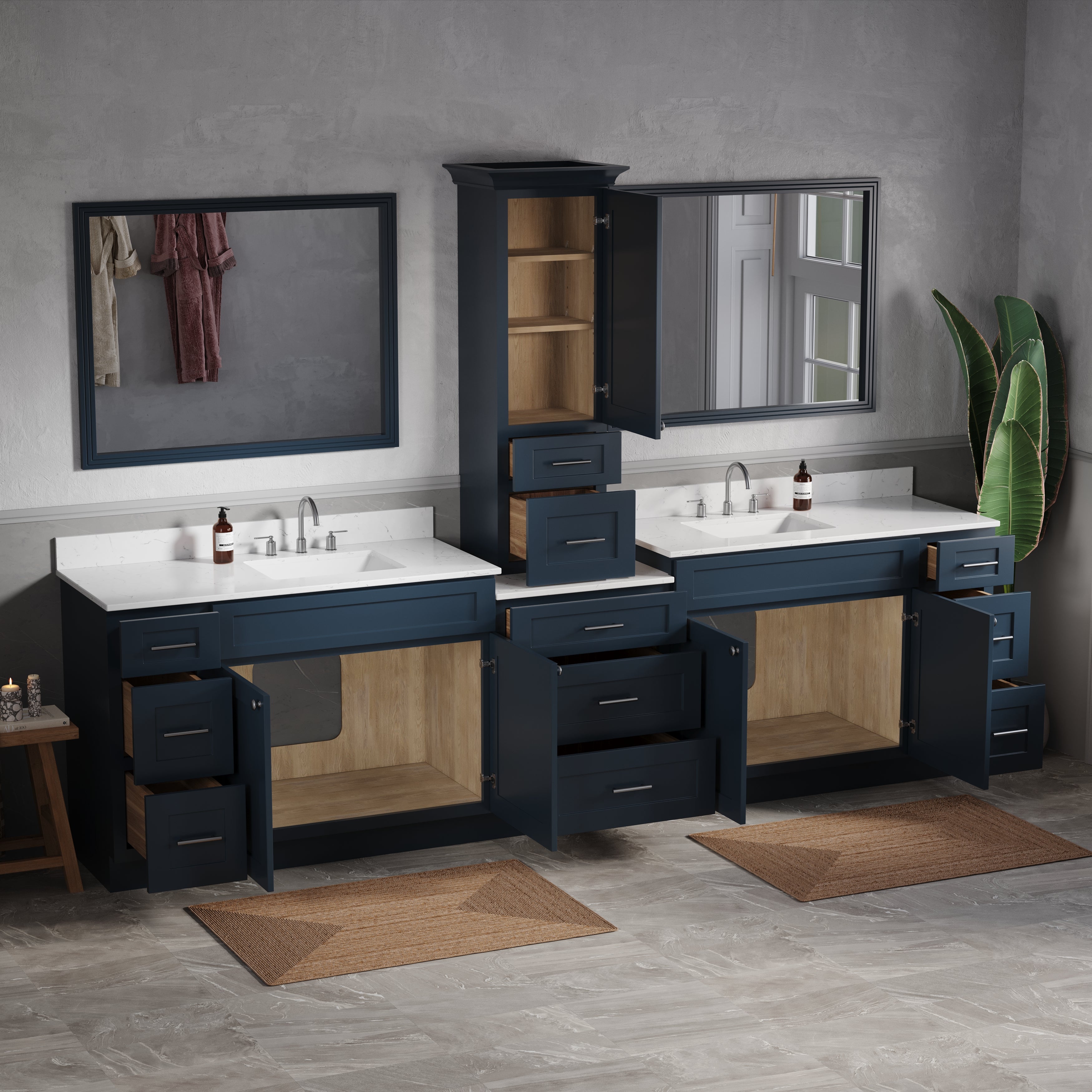 120'' Double Bathroom Vanity With Counter Top Tall Cabinet Shaker Dovetail Solid Wood Drawer Carrara Quartz Top