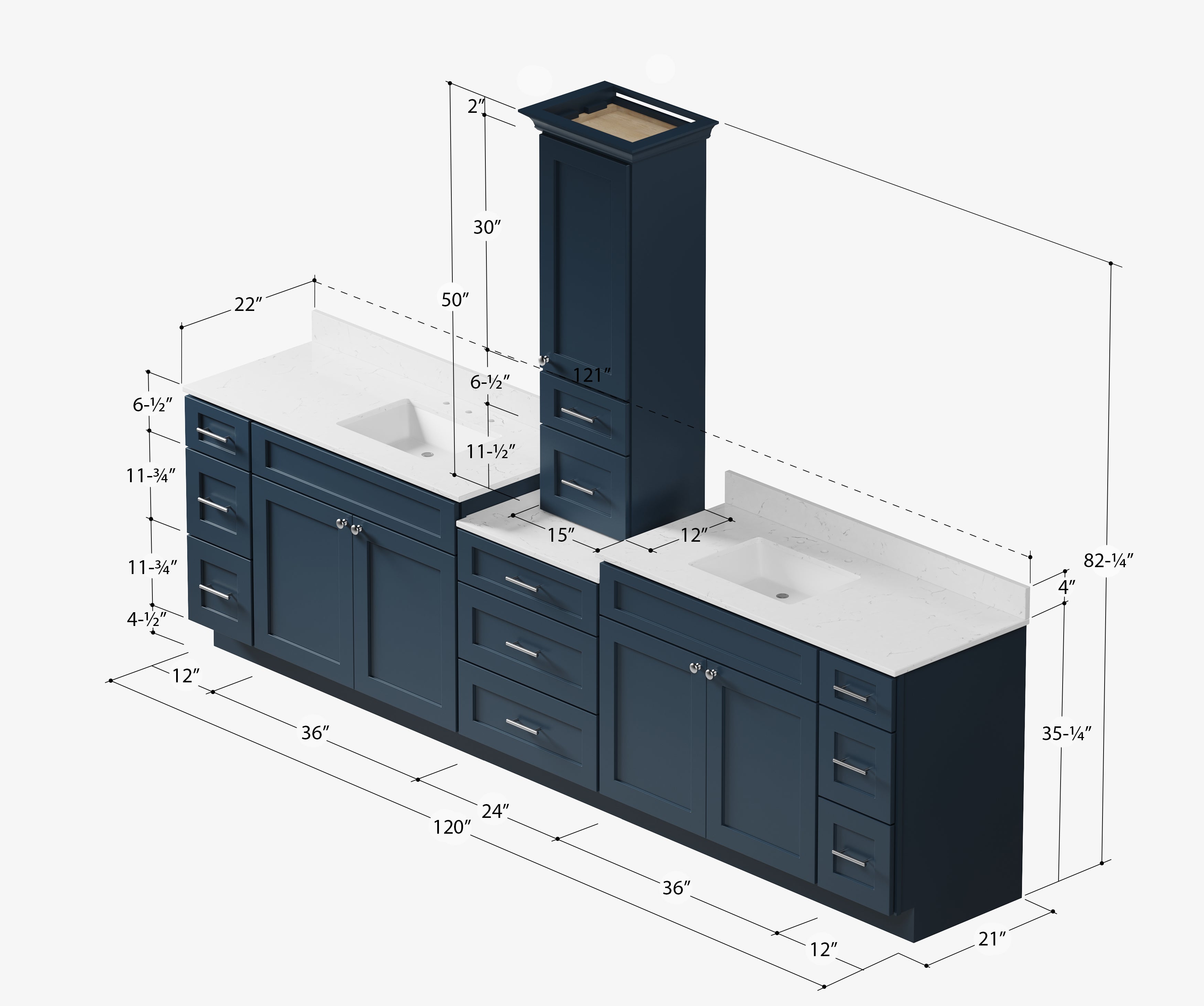 120'' Double Bathroom Vanity With Counter Top Tall Cabinet Shaker Dovetail Solid Wood Drawer Carrara Quartz Top