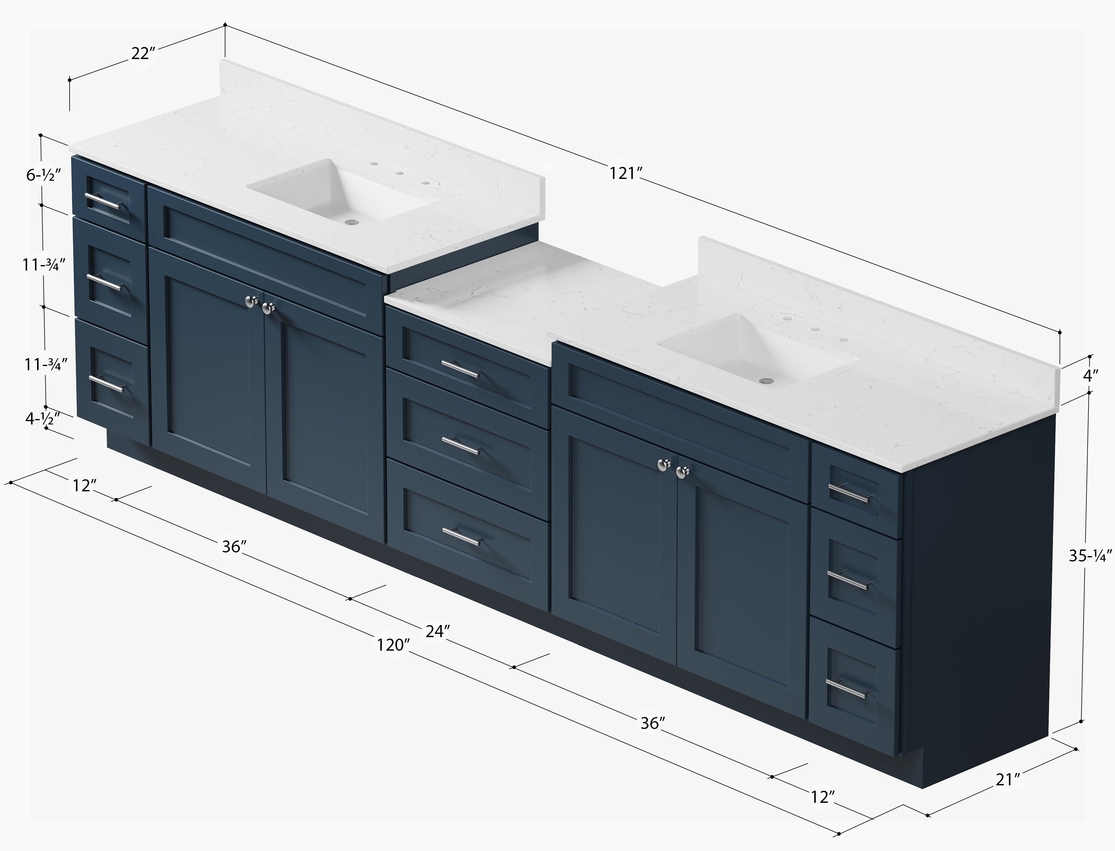 120'' Double Bathroom Vanity Cabinet Shaker Dovetail Solid Wood Drawer Carrara Quartz Top