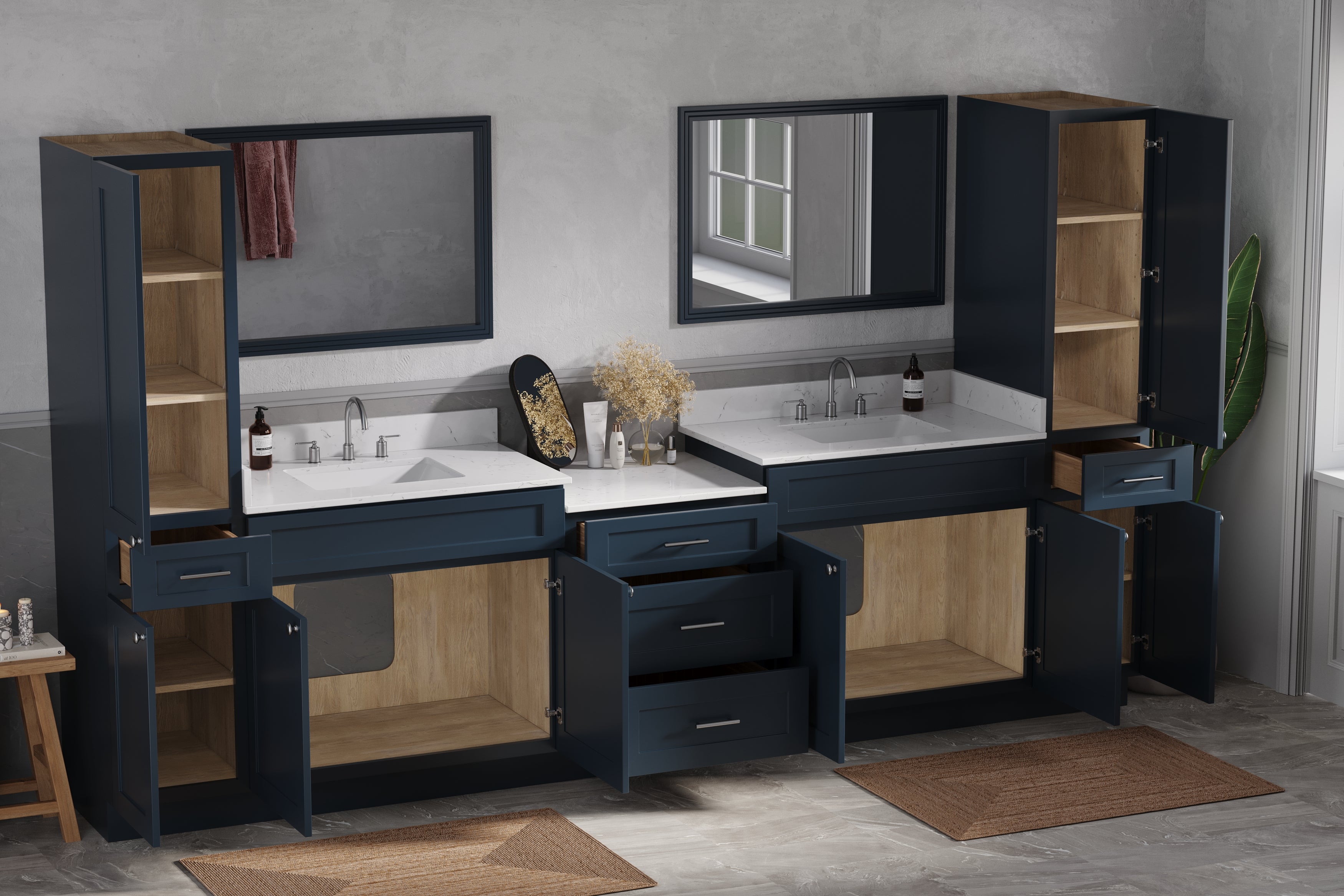 126'' Double Bathroom Vanity Cabinet Shaker Dovetail Solid Wood Drawer Carrara Quartz Top