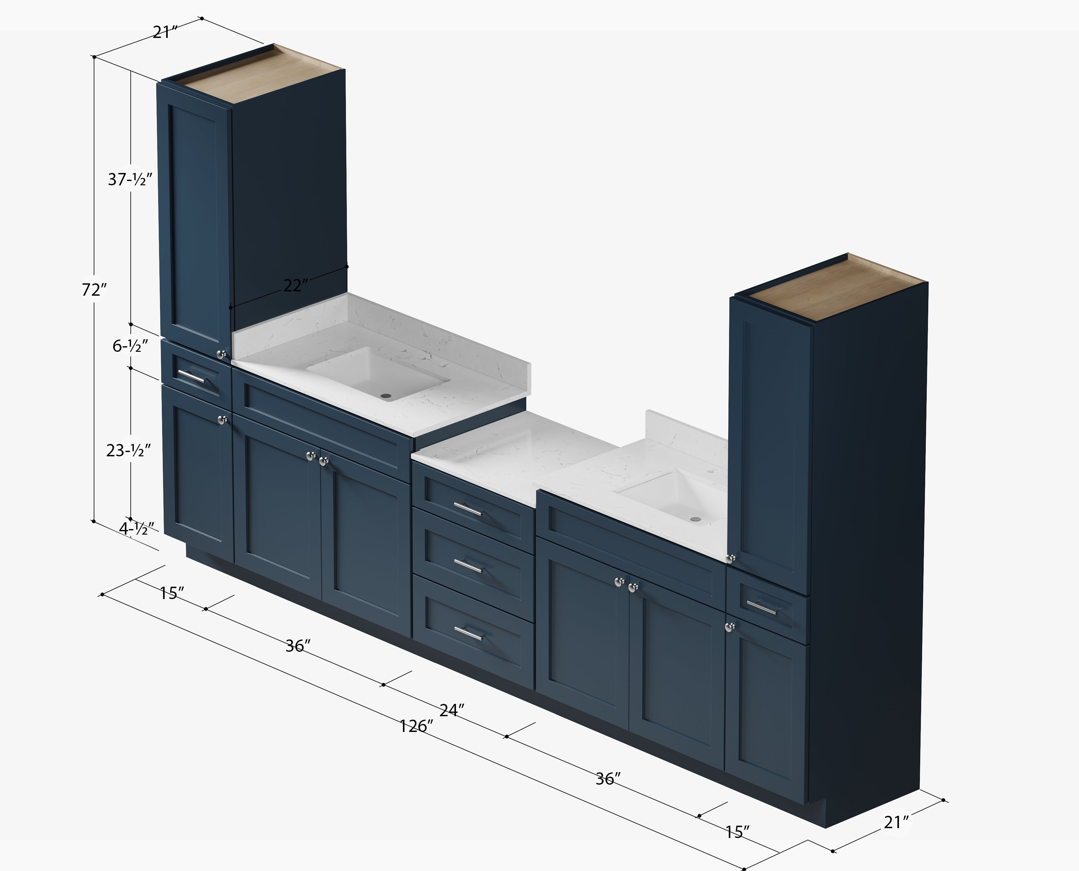 126'' Double Bathroom Vanity Cabinet Shaker Dovetail Solid Wood Drawer Carrara Quartz Top