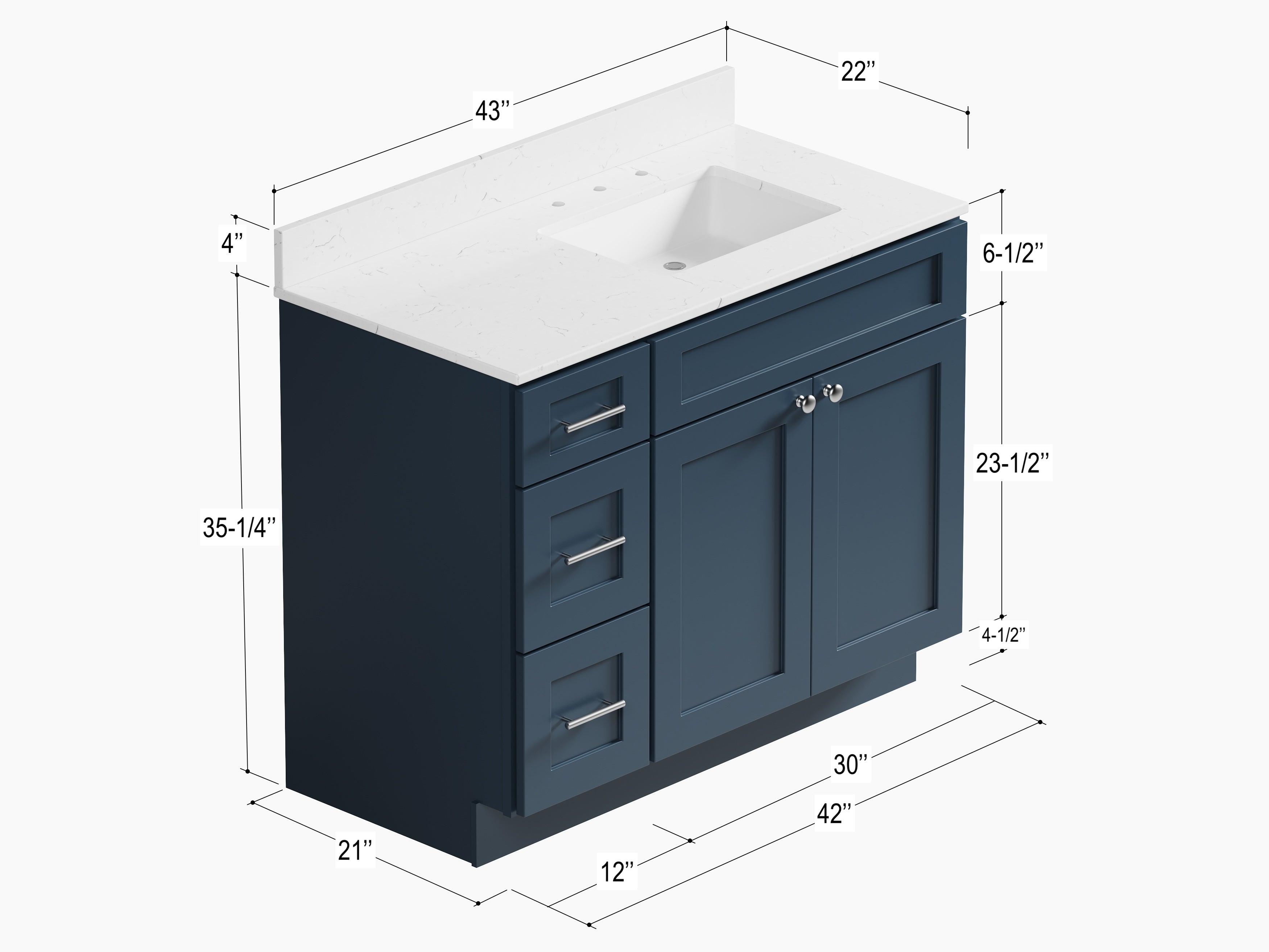 Disar 43'' Drawer Left Single Bathroom Vanity with Quartz Top