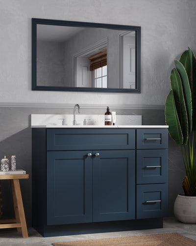 [color:Blue] 43'' Right Drawer Single Bathroom Vanity with Quartz Top - Blue finish view