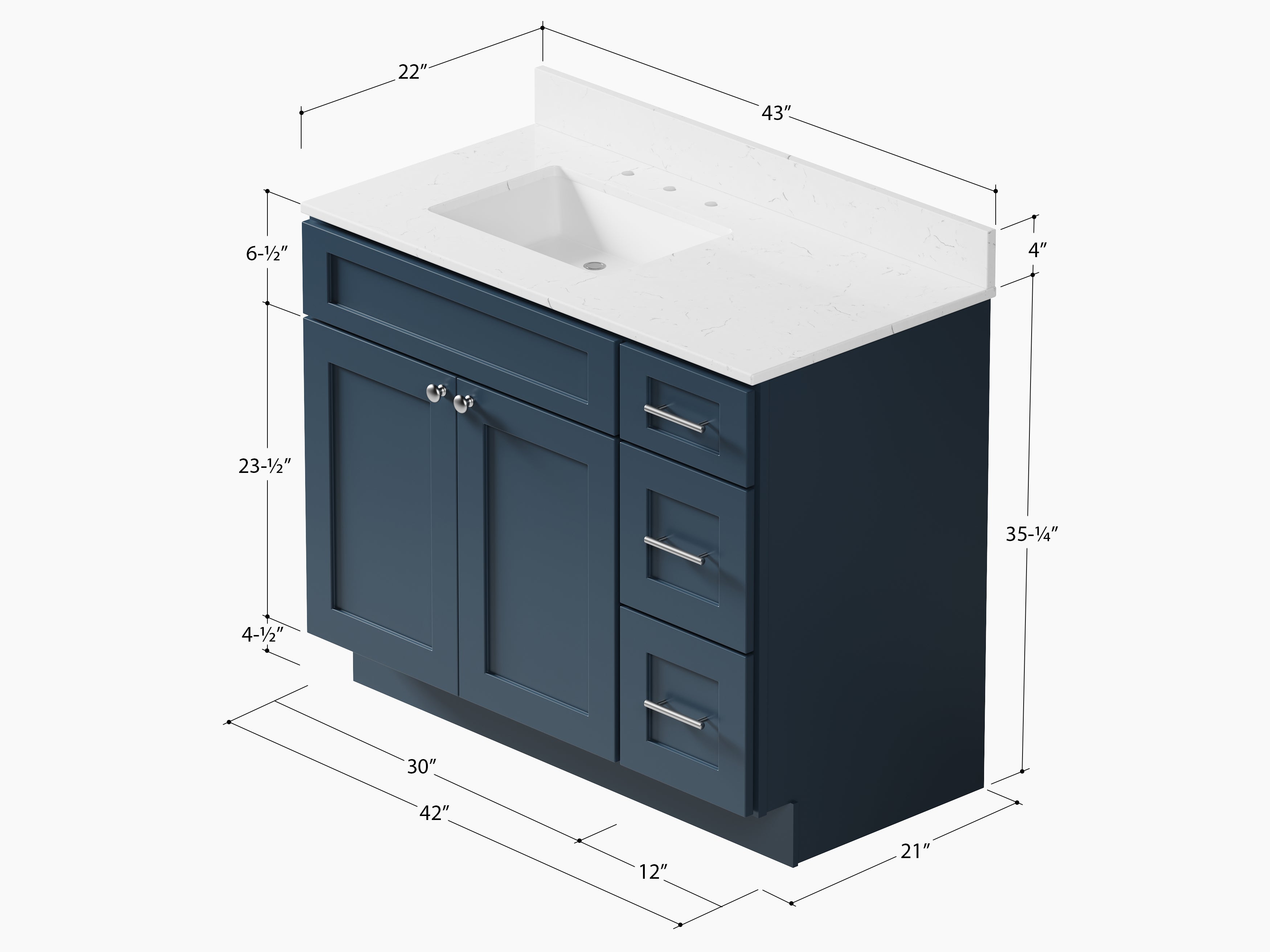 Disar 43'' Drawer Right Single Bathroom Vanity with Quartz Top