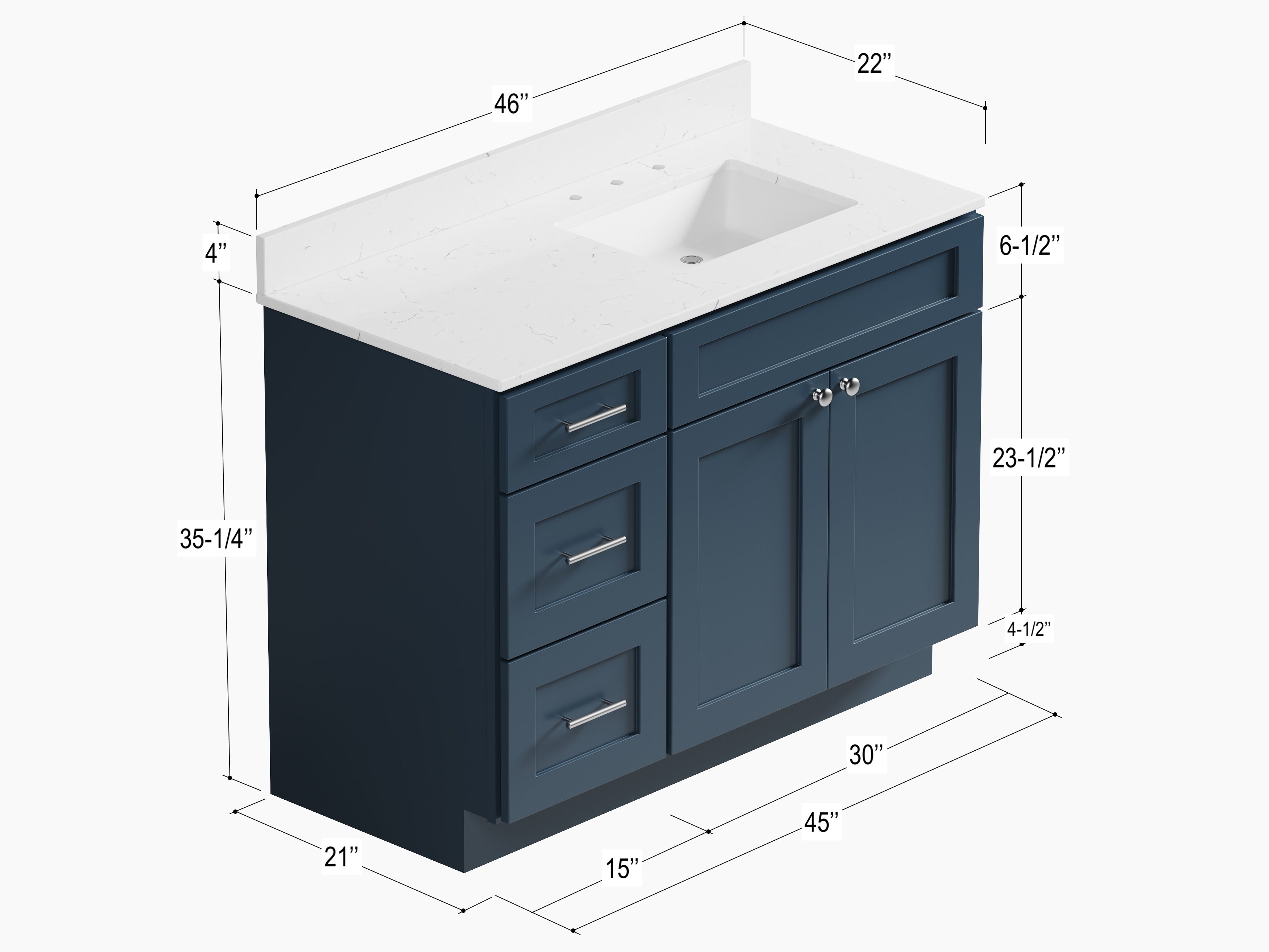 Disar 46'' Drawer Left Single Bathroom Vanity with Quartz Top