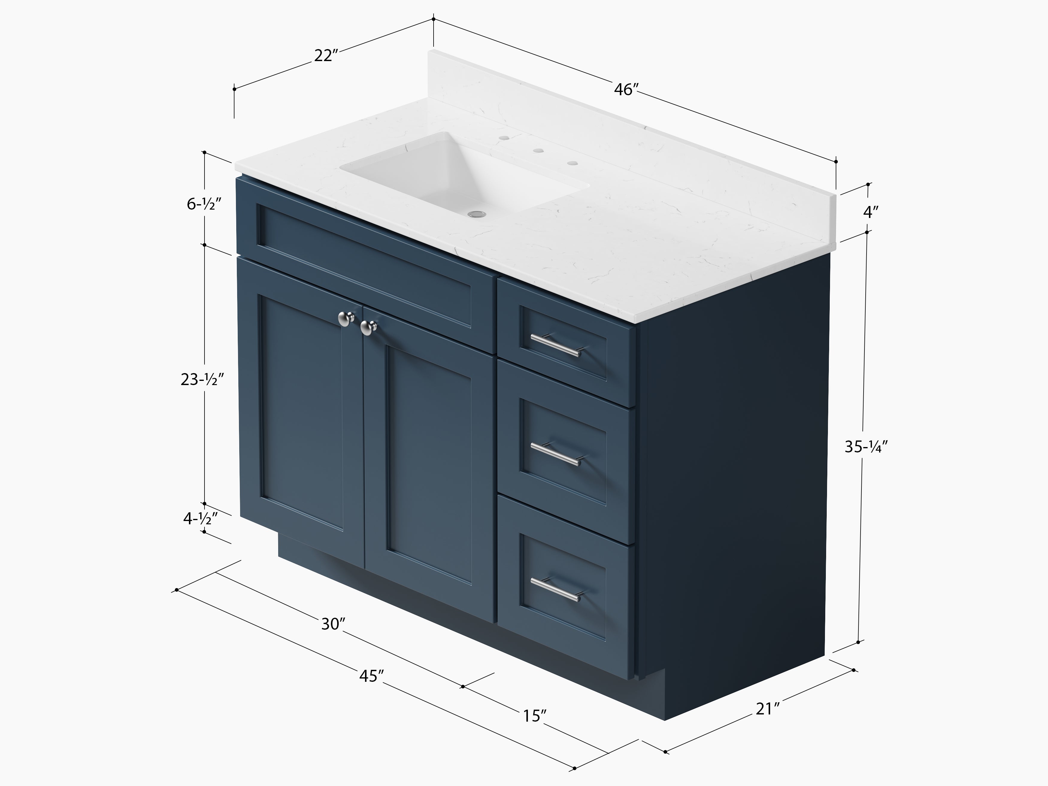 Disar 46'' Drawer Right Single Bathroom Vanity with Quartz Top
