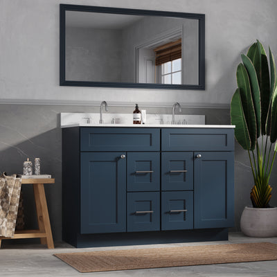[color:Blue] 48" Double Bathroom Vanity Drawer With Carrara Quartz Top - Blue finish view