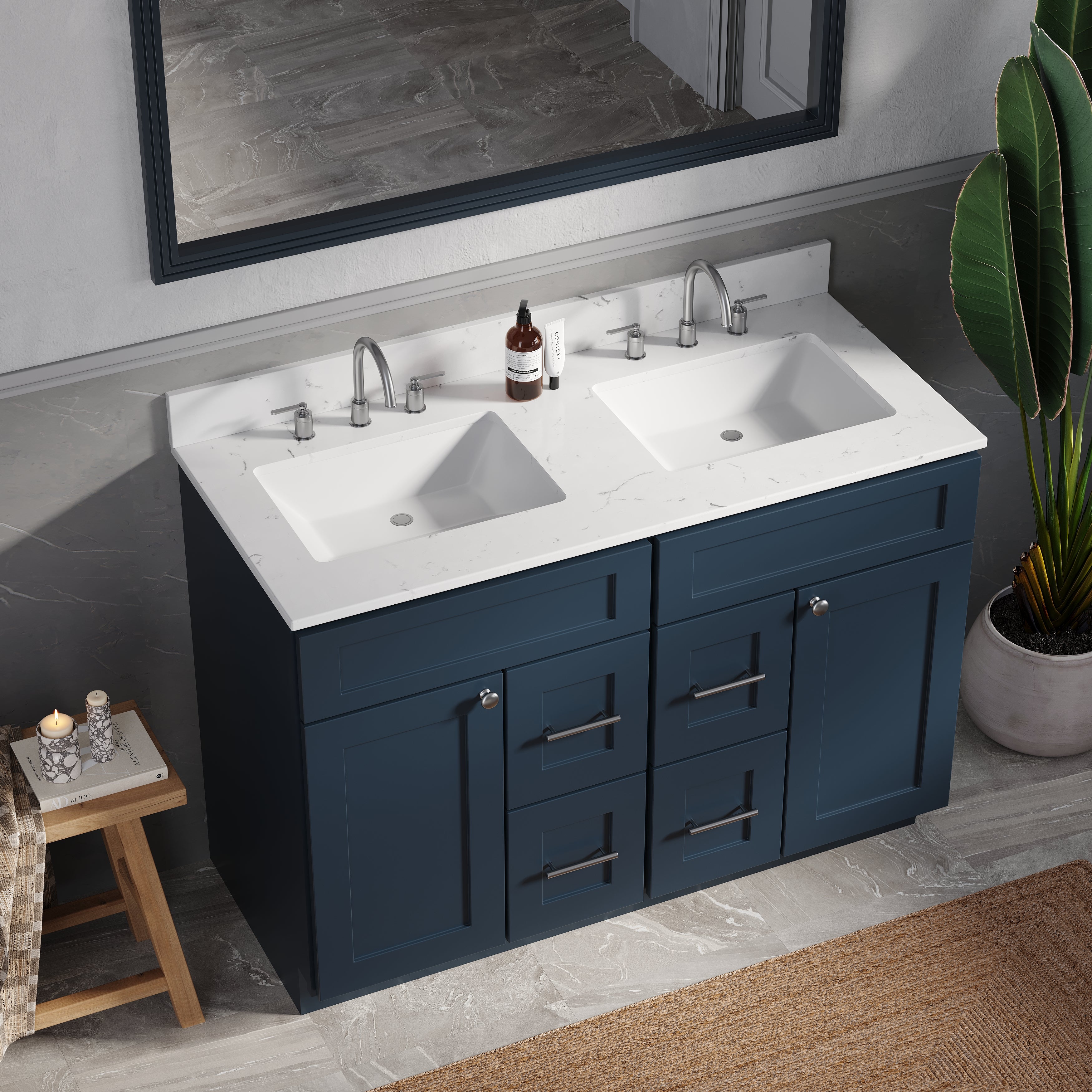 Disar 48" Double Bathroom Vanity Drawer With Carrara Quartz Top-side Splash&back Splash