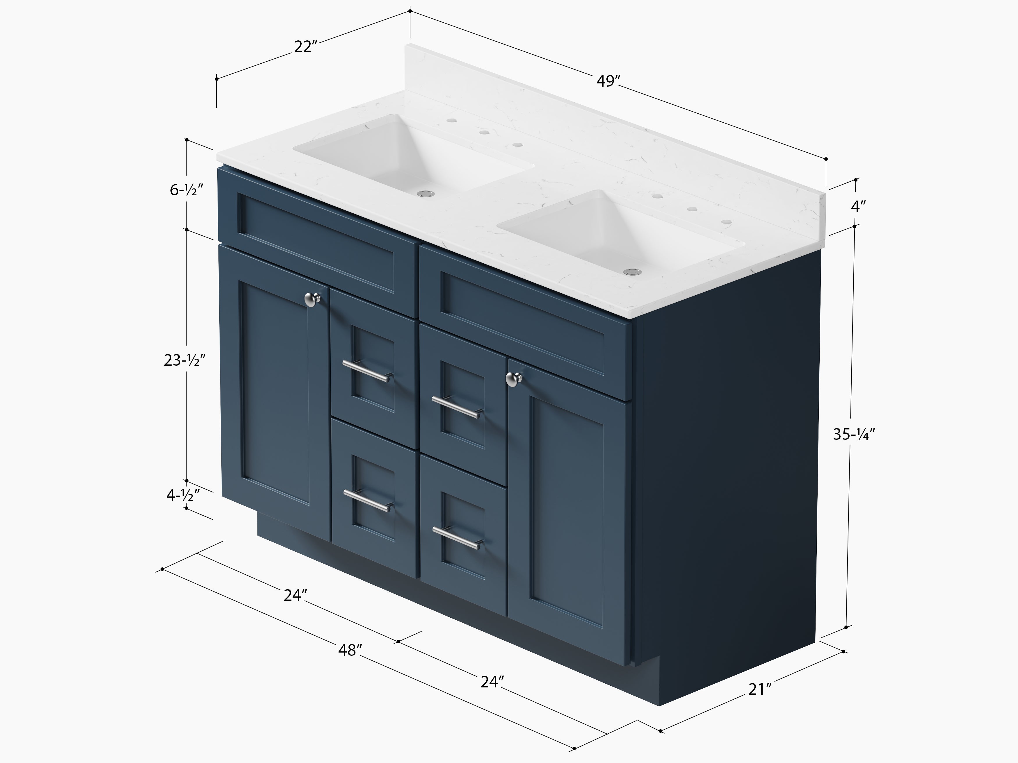 Disar 48" Double Bathroom Vanity Drawer With Carrara Quartz Top-side Splash&back Splash