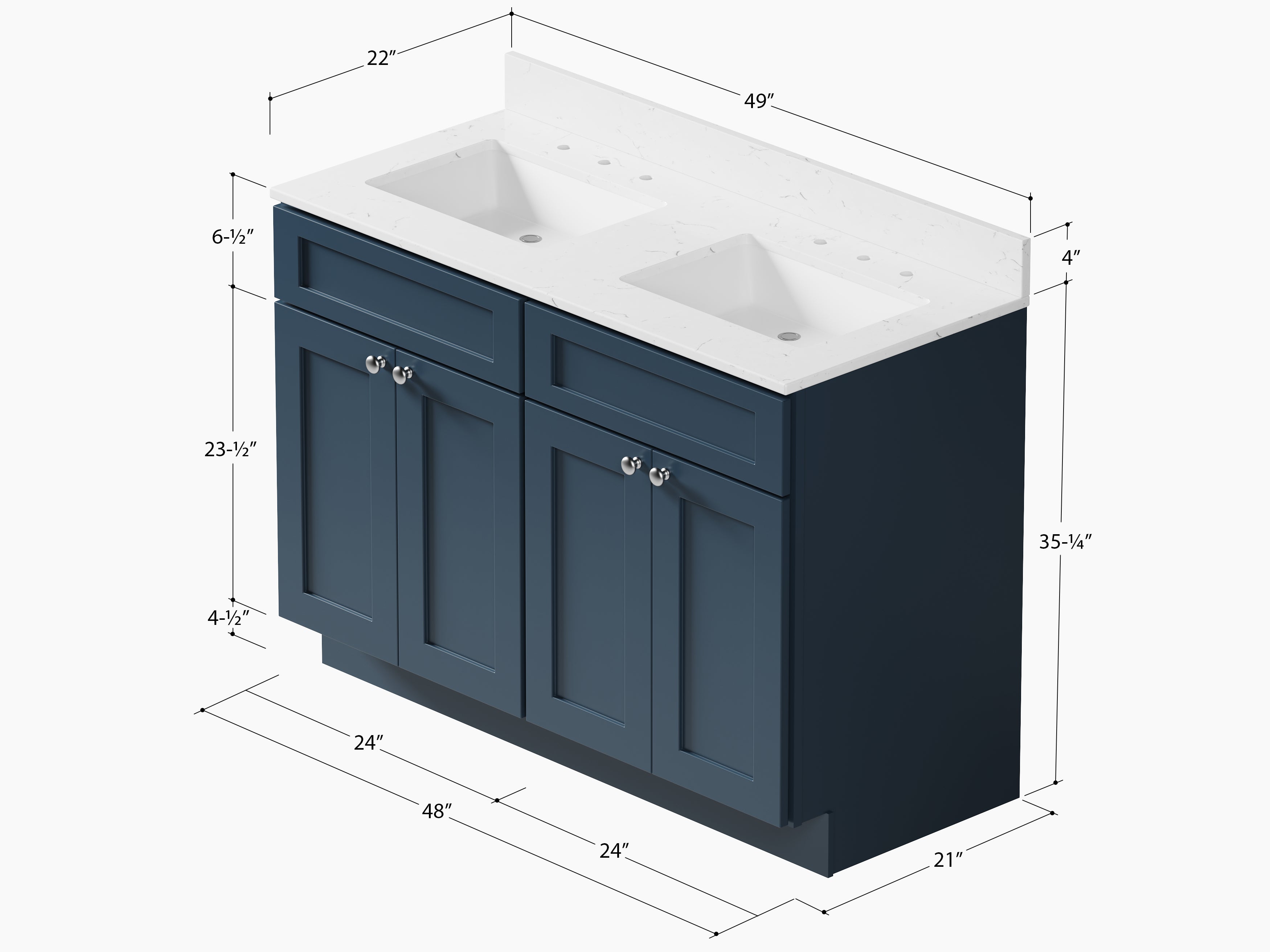 Disar 48" Double Bathroom Vanity Shaker With Carrara Quartz Top-side Splash&back Splash