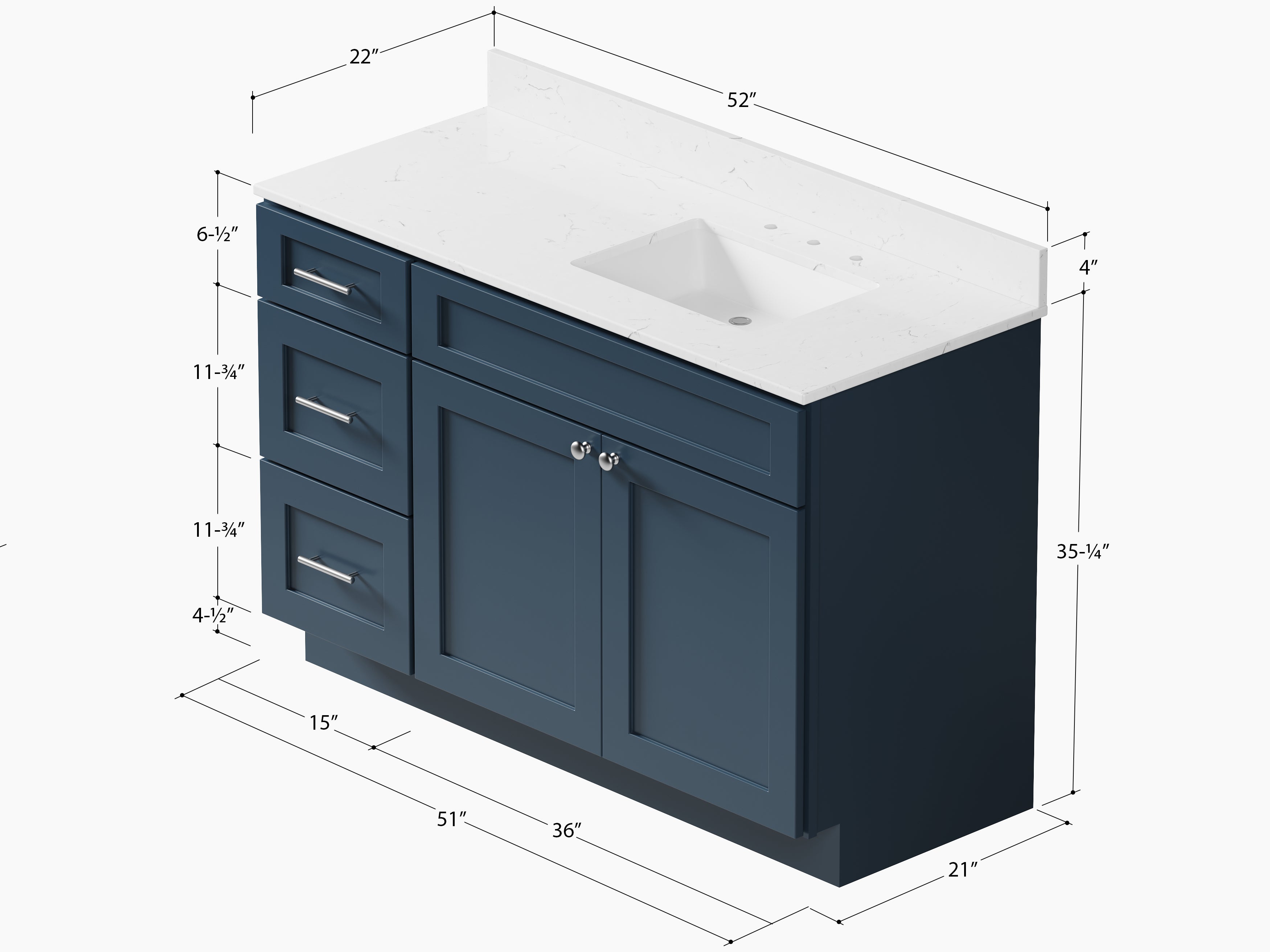 Disar 52'' Drawer Left Single Bathroom Vanity with Quartz Top
