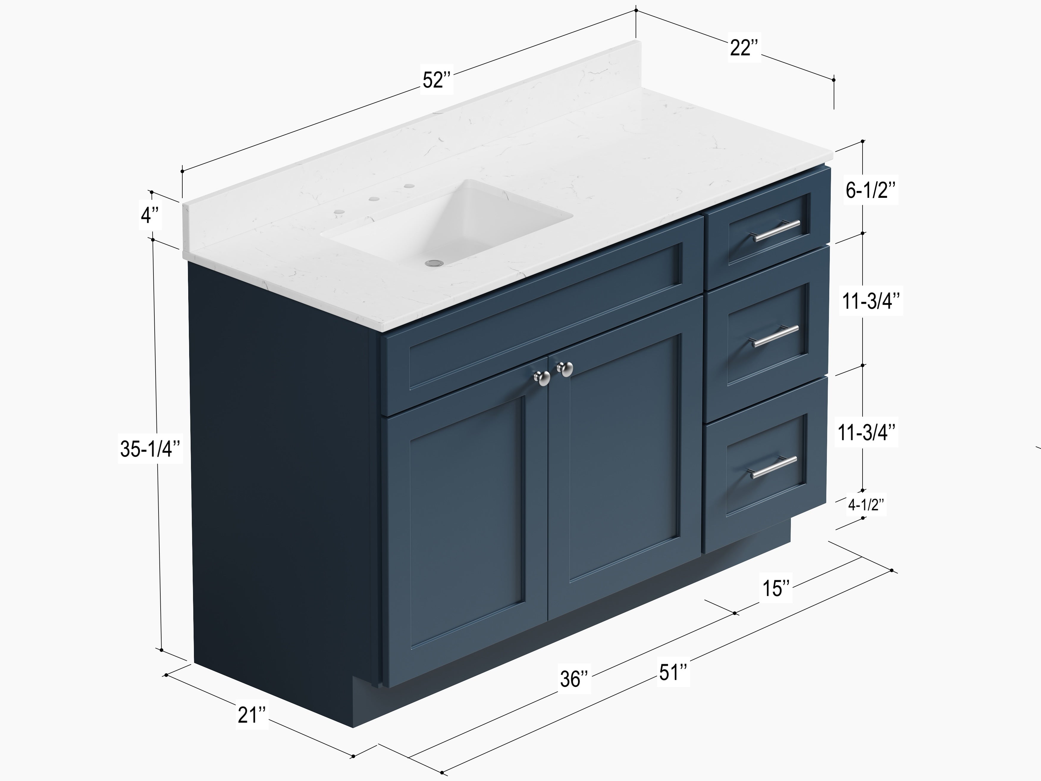 Disar 52'' Drawer Right  Single Bathroom Vanity with Quartz Top