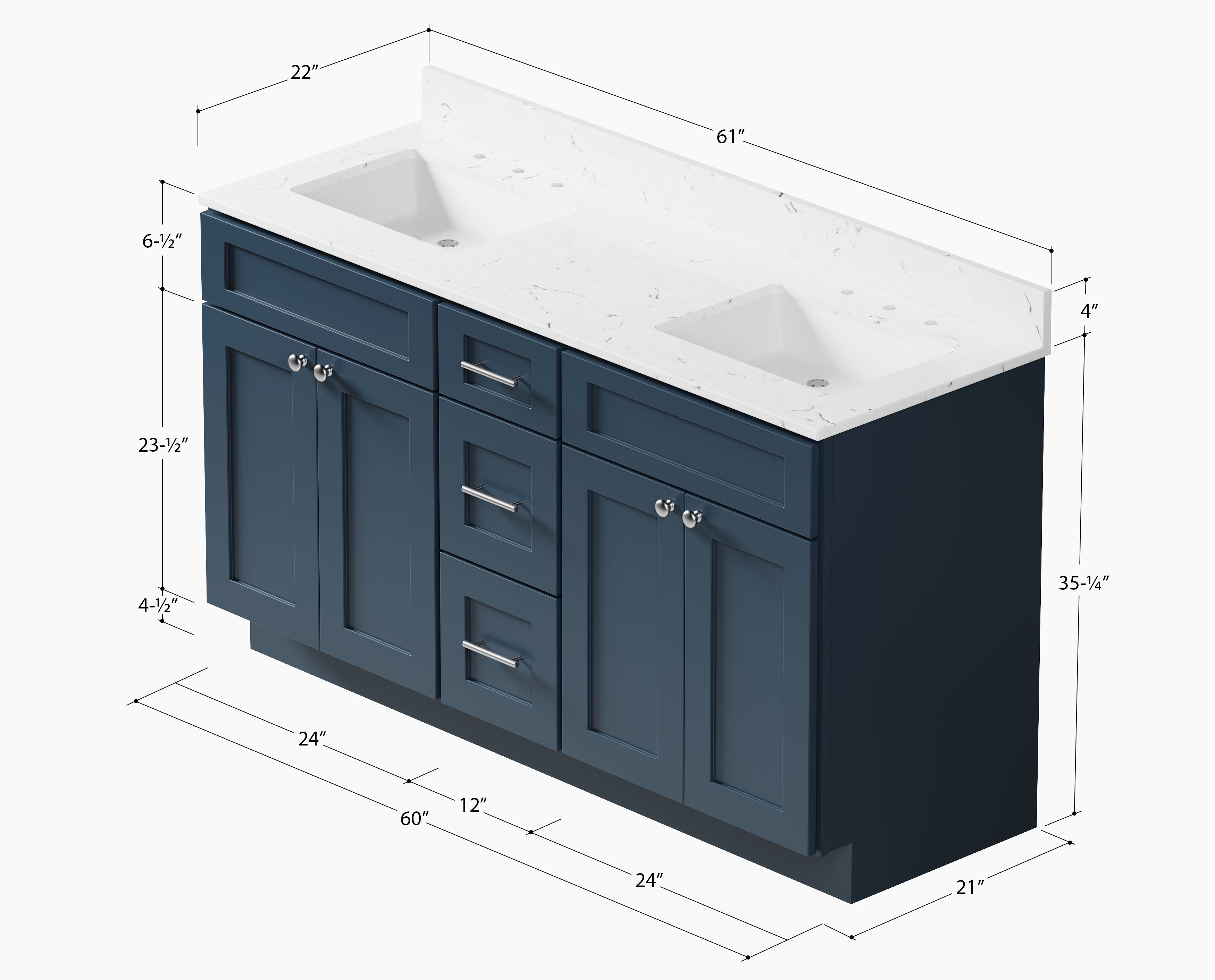 61'' Double Bathroom Vanity with Carrara Quartz Top