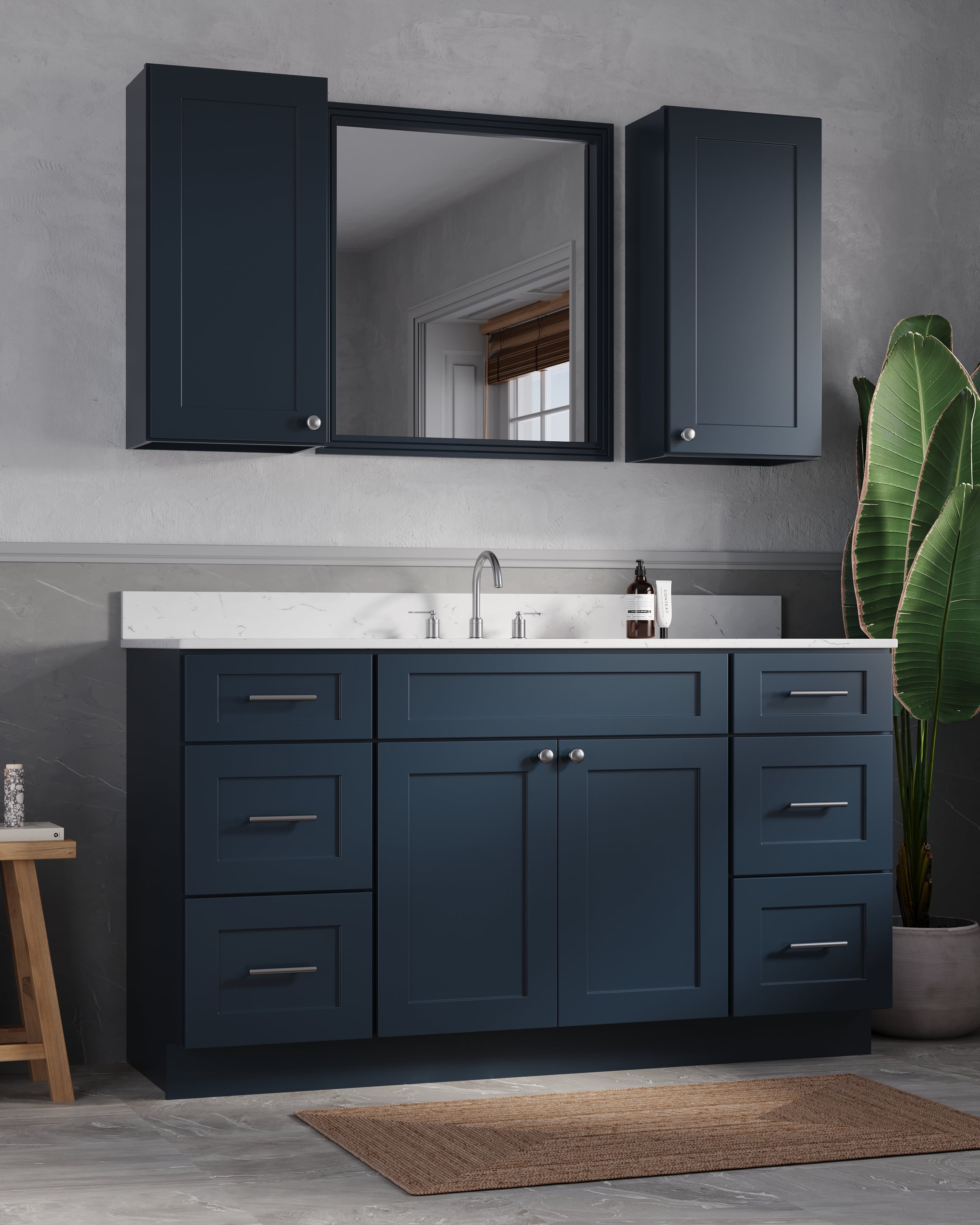 60" Single Bathroom Vanity With Carrara Quartz Top, Wall Cabinet