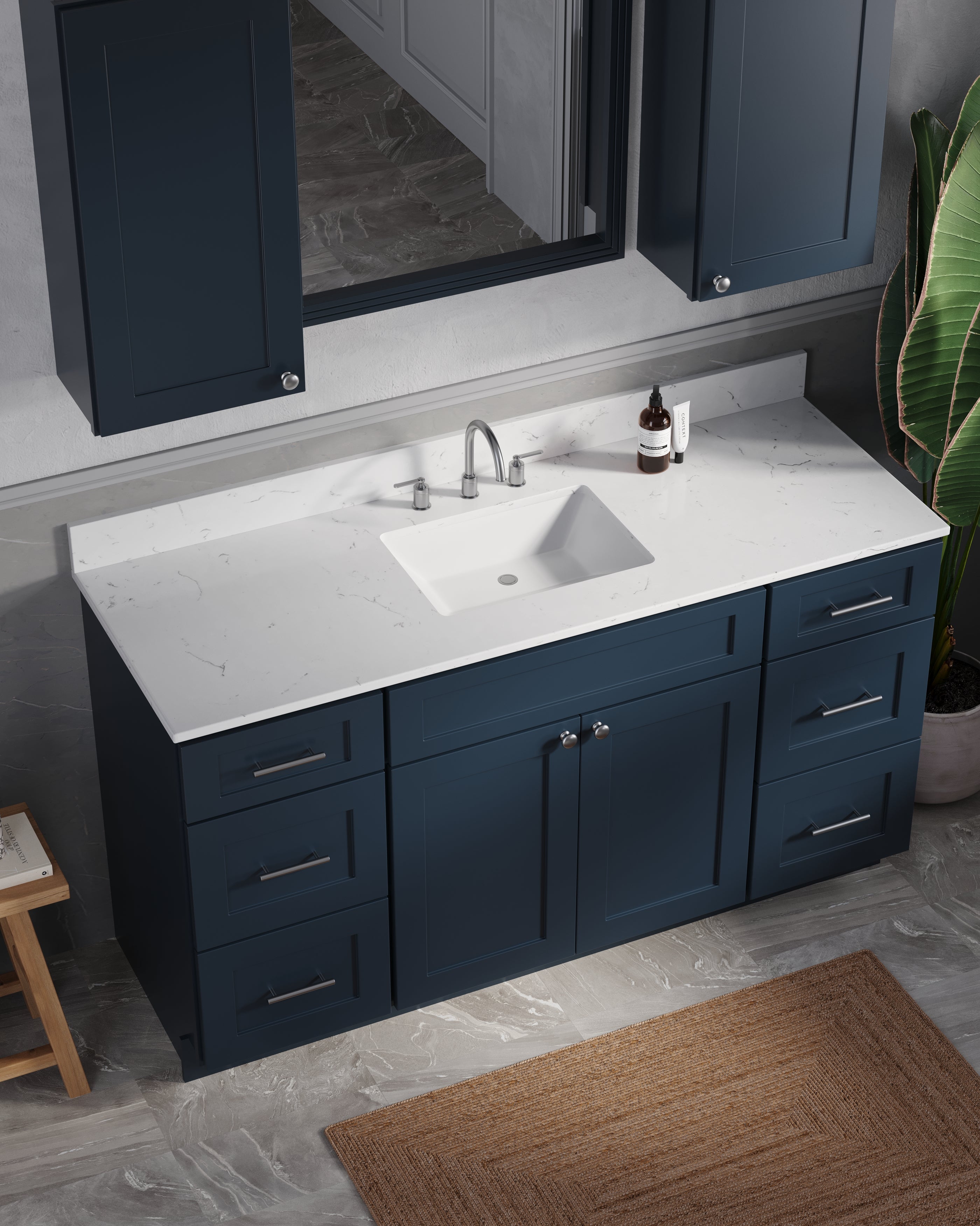 60" Single Bathroom Vanity With Carrara Quartz Top, Wall Cabinet