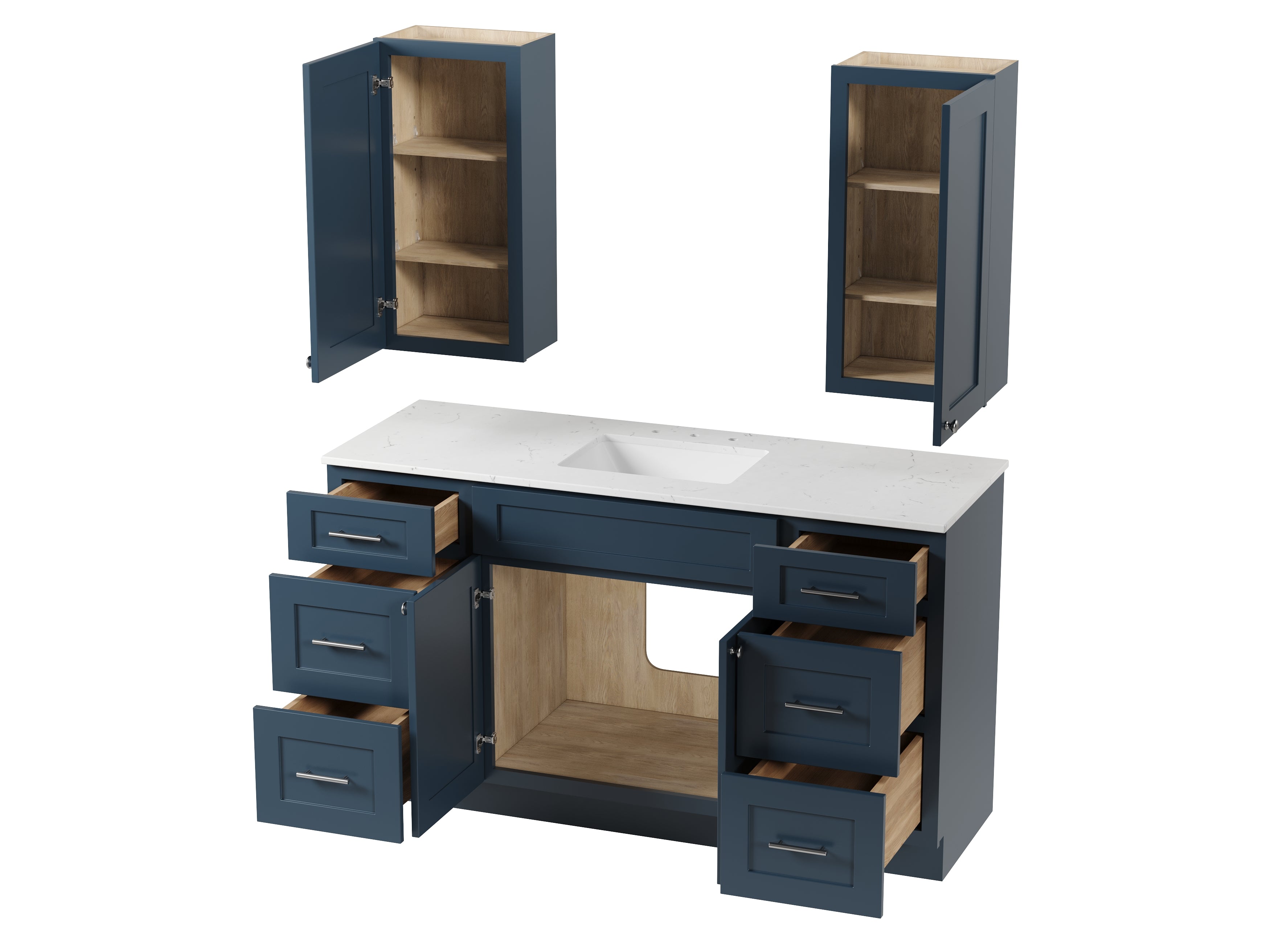 60" Single Bathroom Vanity With Carrara Quartz Top, Wall Cabinet