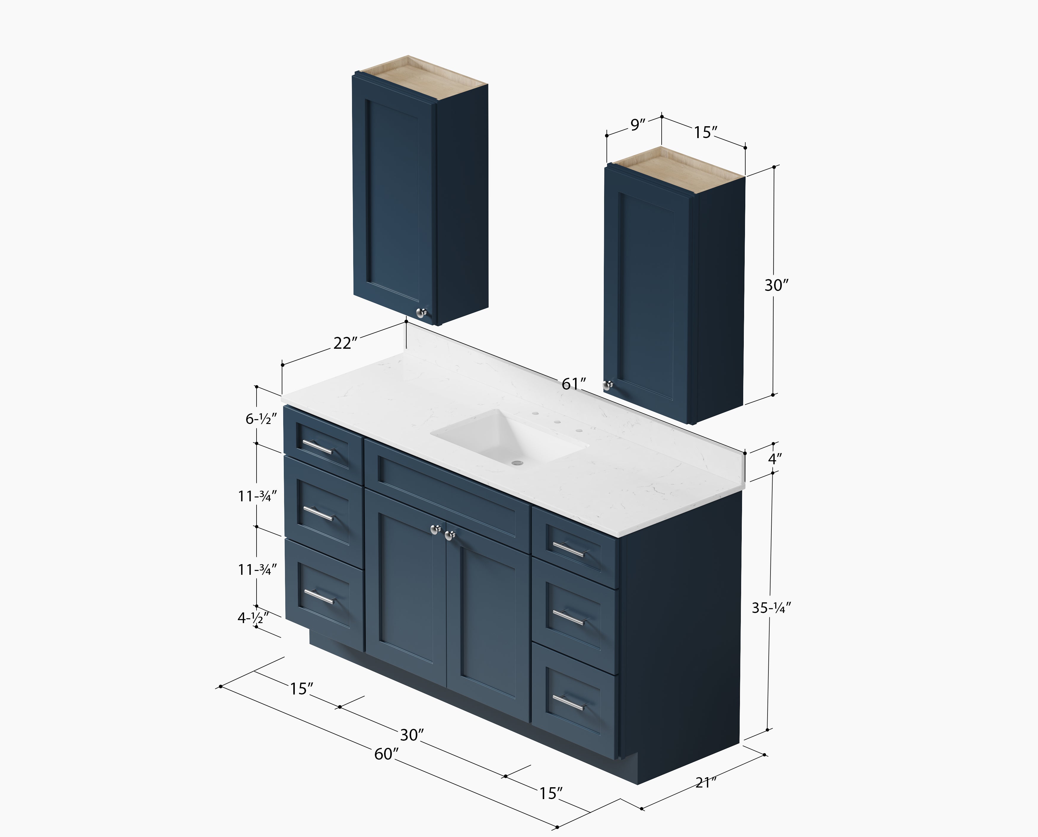 60" Single Bathroom Vanity With Carrara Quartz Top, Wall Cabinet