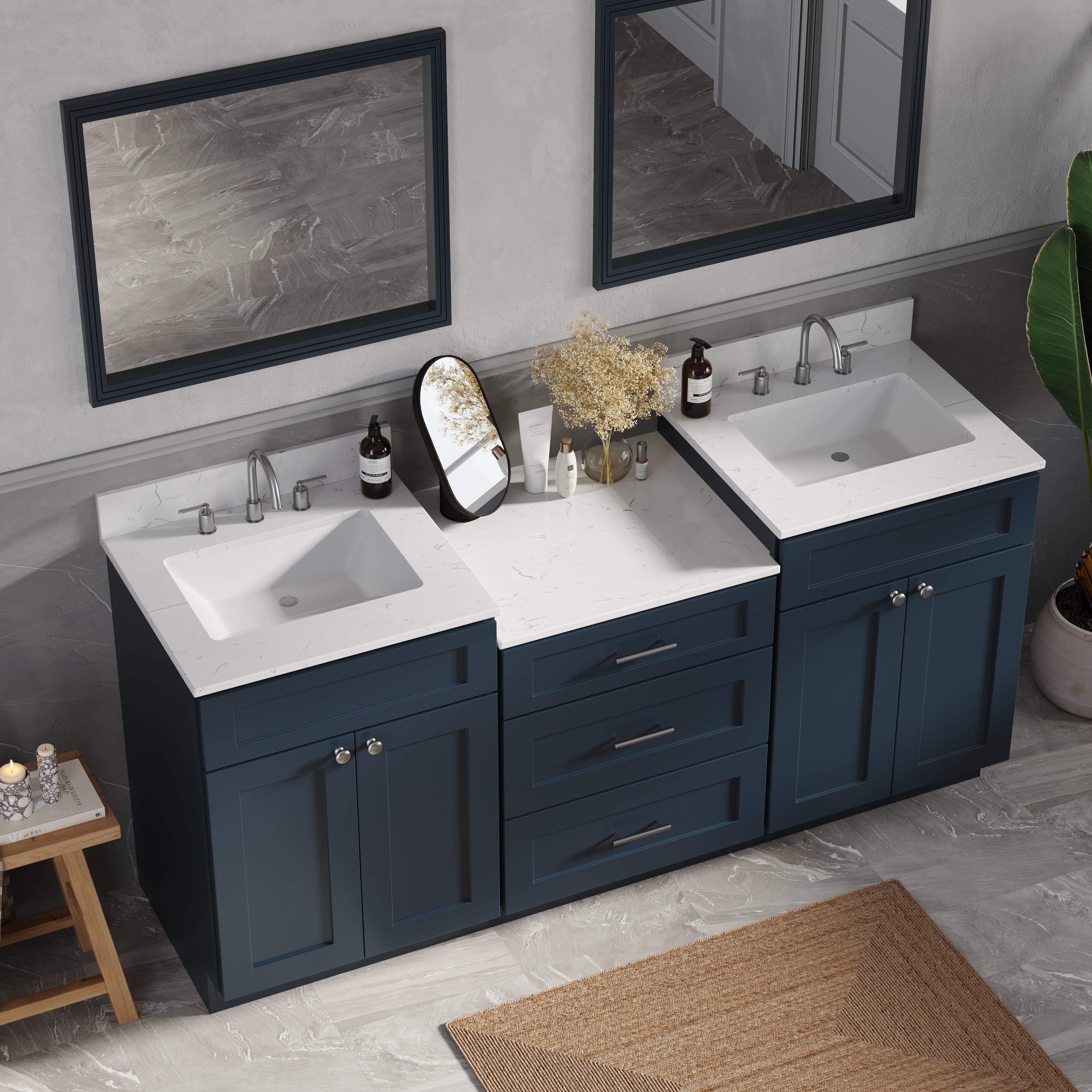 72'' Double Bathroom Vanity Cabinet Shaker Dovetail Solid Wood Drawer Carrara Quartz Top