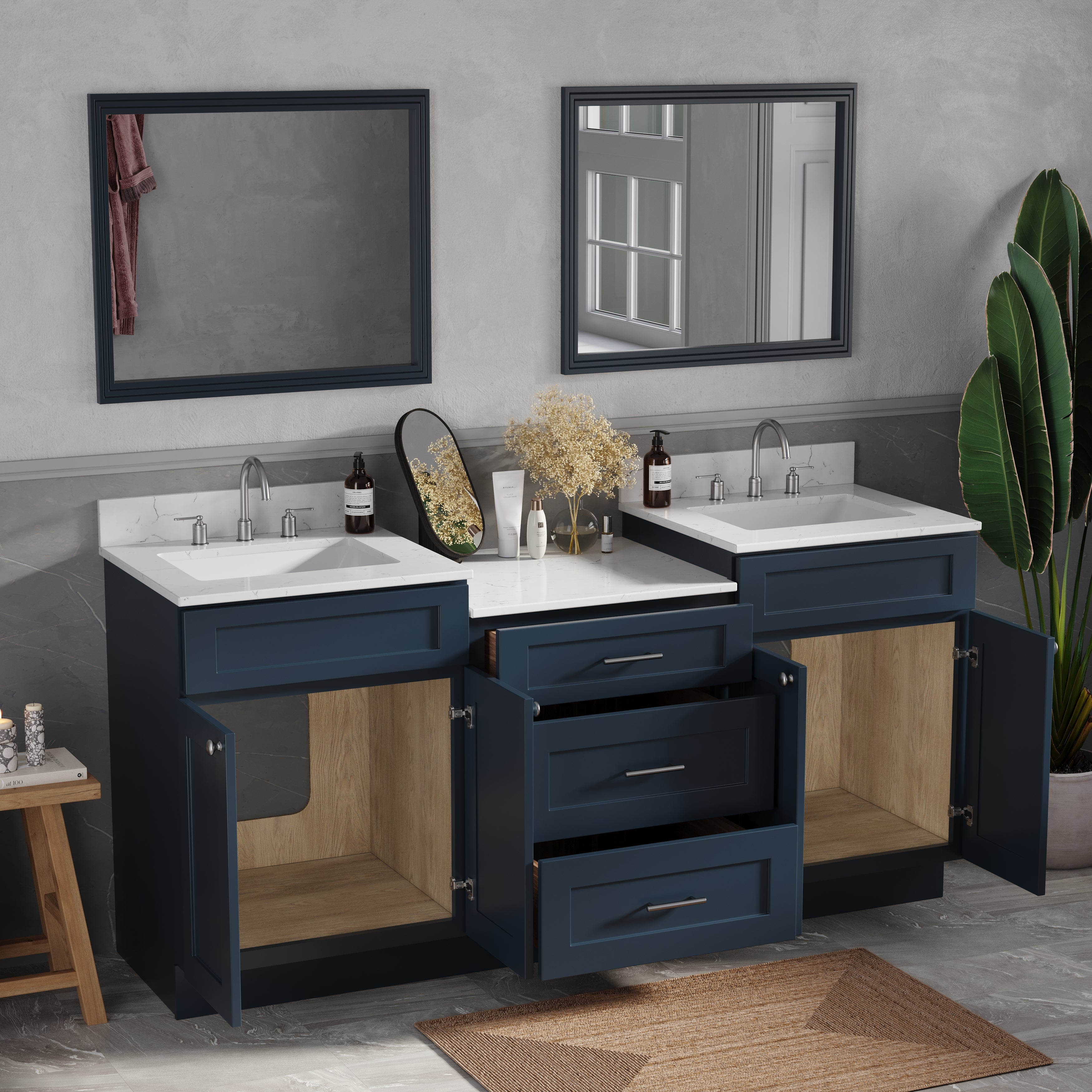 72'' Double Bathroom Vanity Cabinet Shaker Dovetail Solid Wood Drawer Carrara Quartz Top