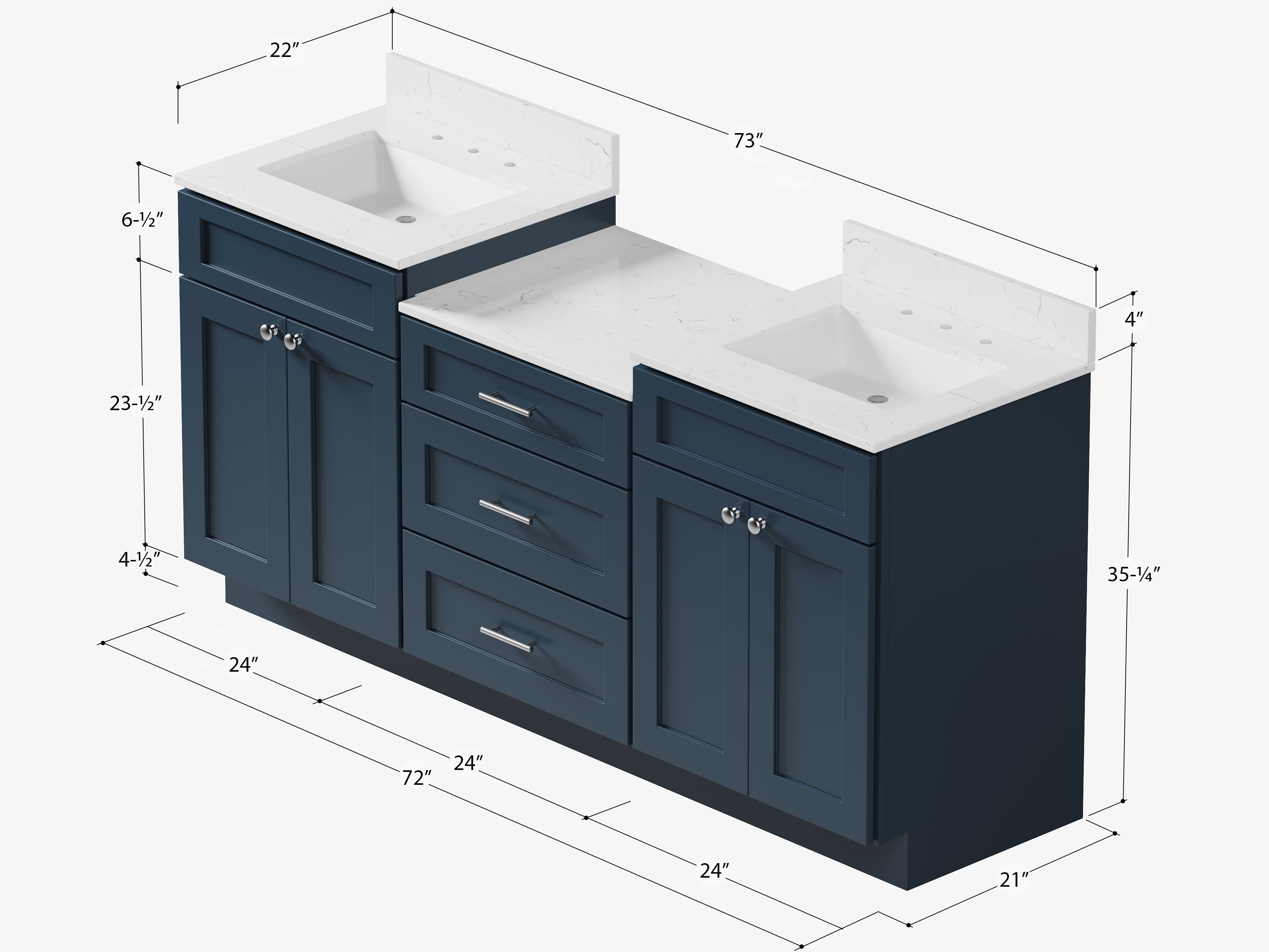 72'' Double Bathroom Vanity Cabinet Shaker Dovetail Solid Wood Drawer Carrara Quartz Top