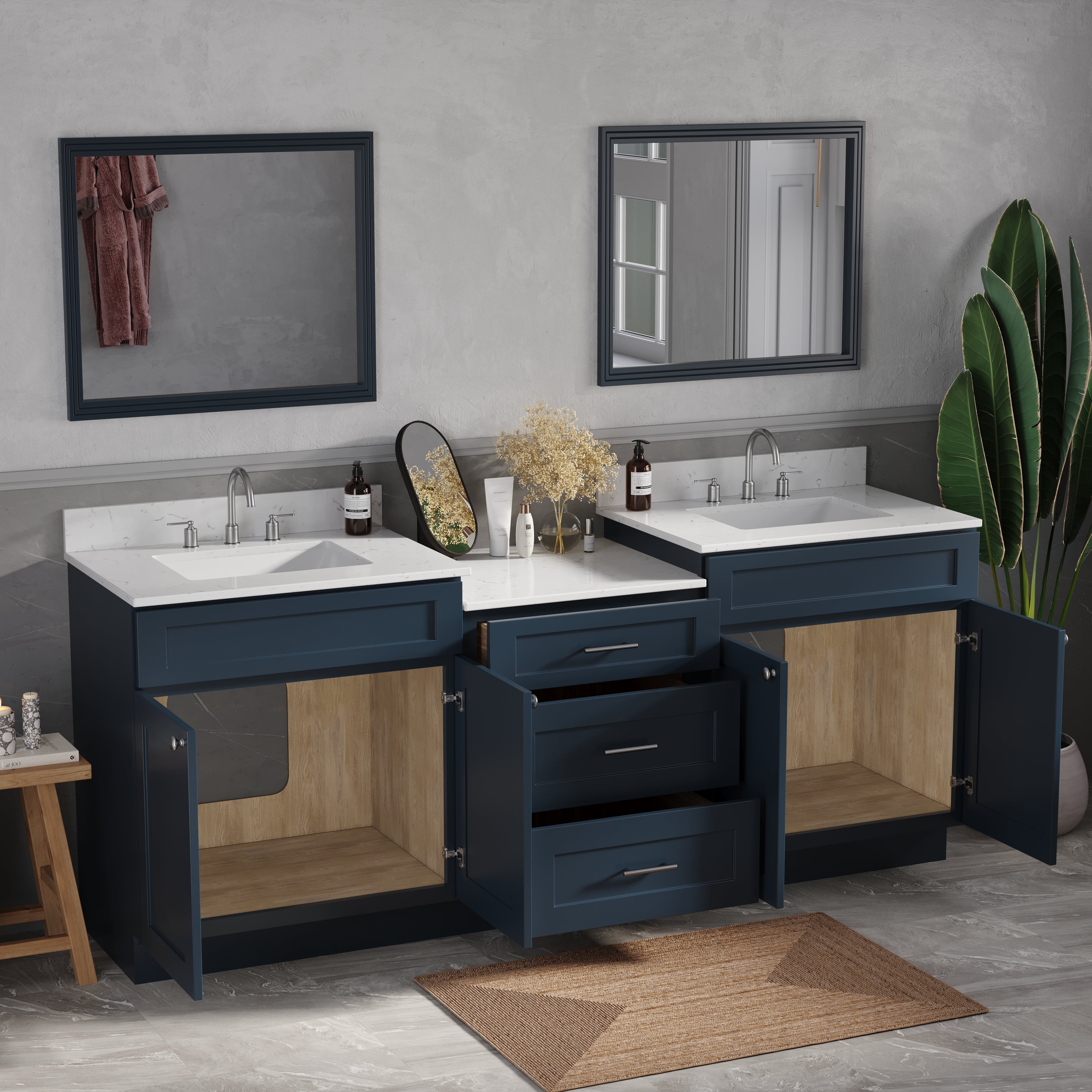 84'' Double Bathroom Vanity Cabinet Shaker Dovetail Solid Wood Drawer Carrara Quartz Top