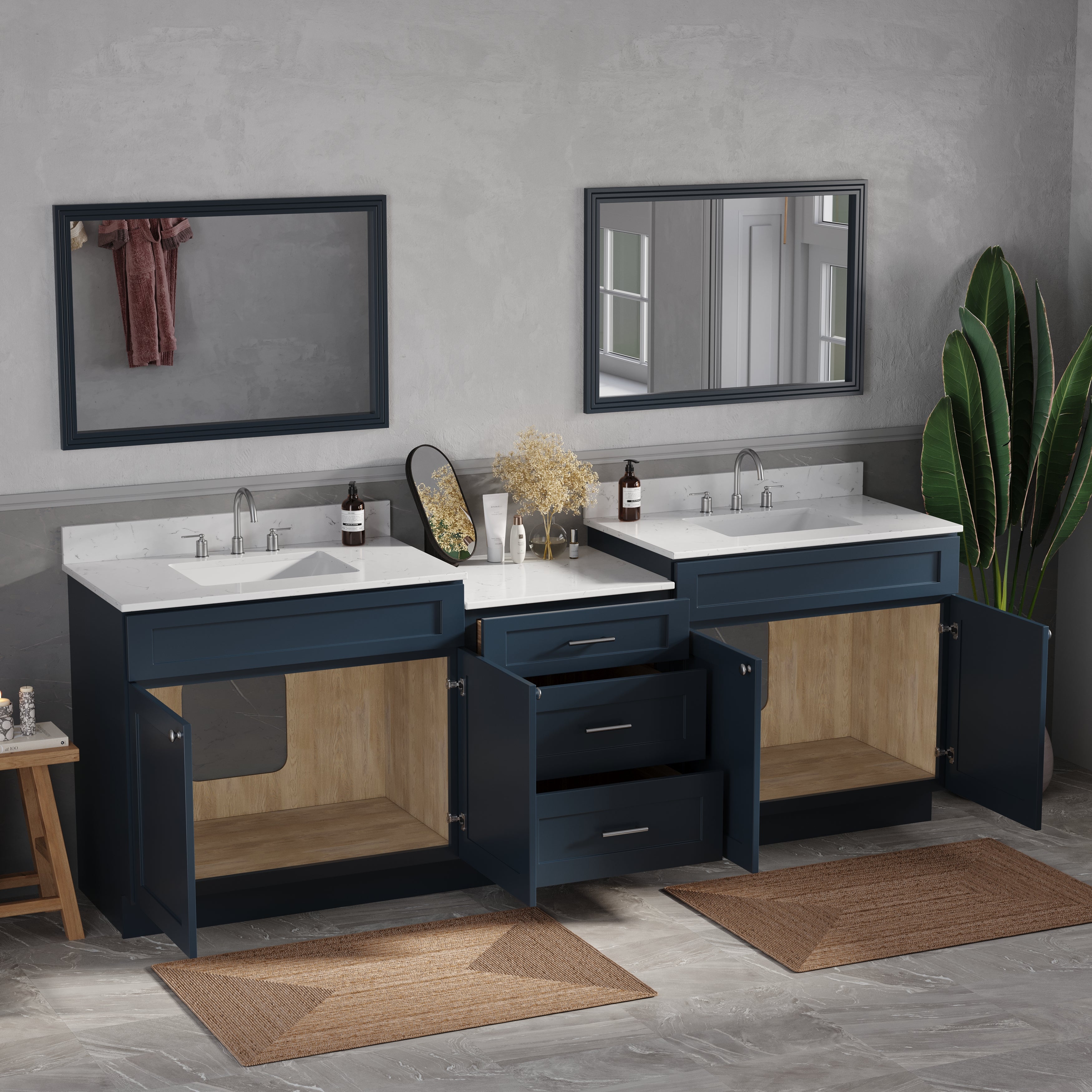 96'' Double Bathroom Vanity Cabinet Shaker Dovetail Solid Wood Drawer Carrara Quartz Top