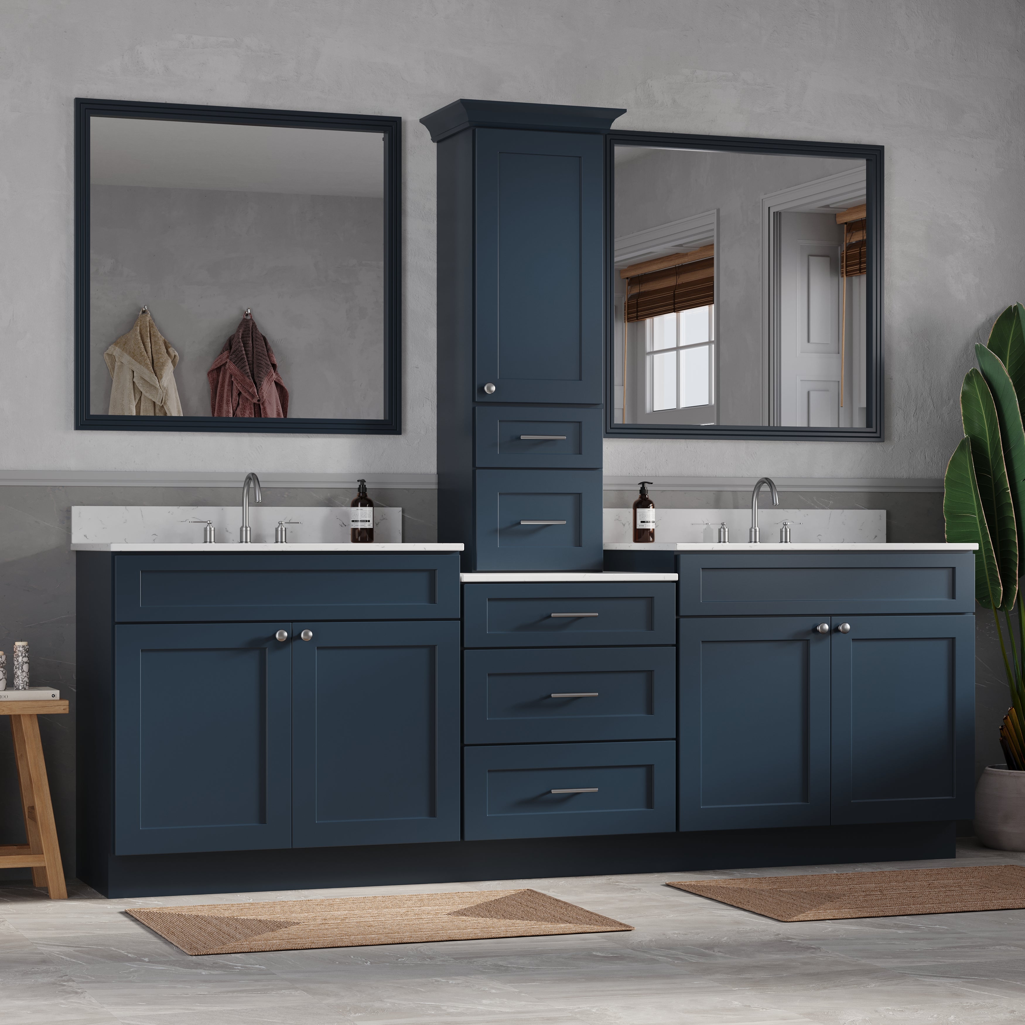 96'' Double Bathroom Vanity With Counter Top Tall Cabinet Shaker Dovetail Solid Wood Drawer Carrara Quartz Top