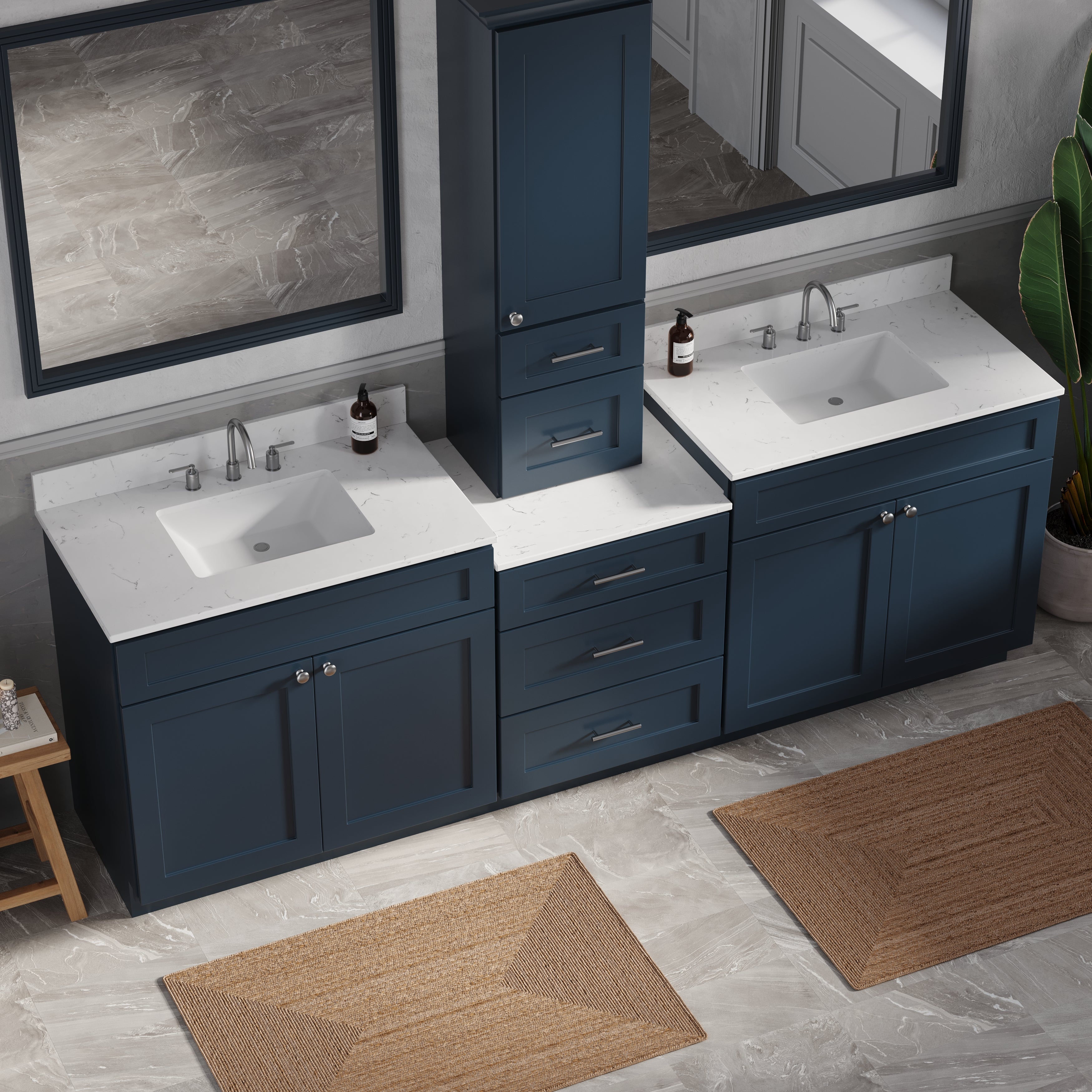 96'' Double Bathroom Vanity With Counter Top Tall Cabinet Shaker Dovetail Solid Wood Drawer Carrara Quartz Top