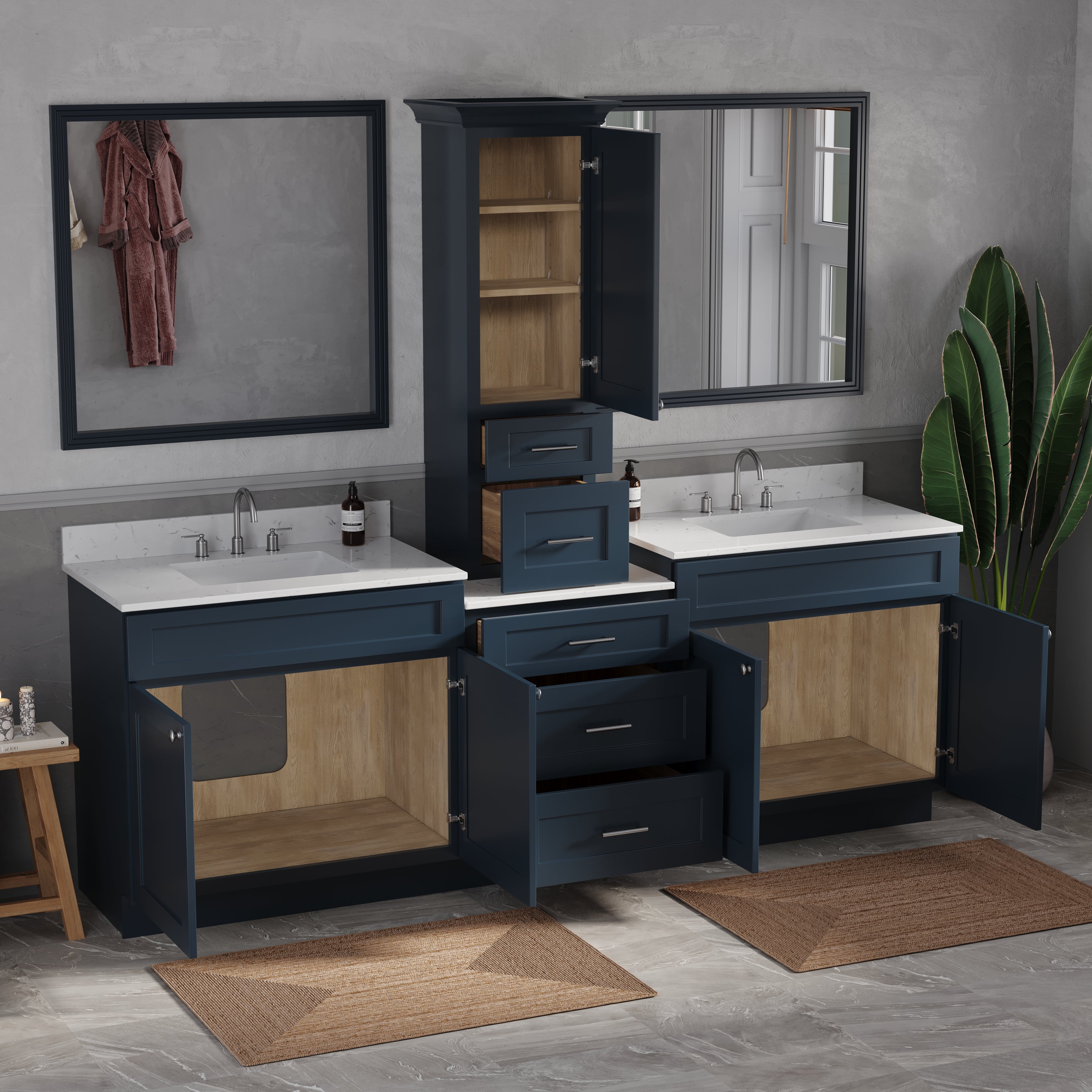 96'' Double Bathroom Vanity With Counter Top Tall Cabinet Shaker Dovetail Solid Wood Drawer Carrara Quartz Top