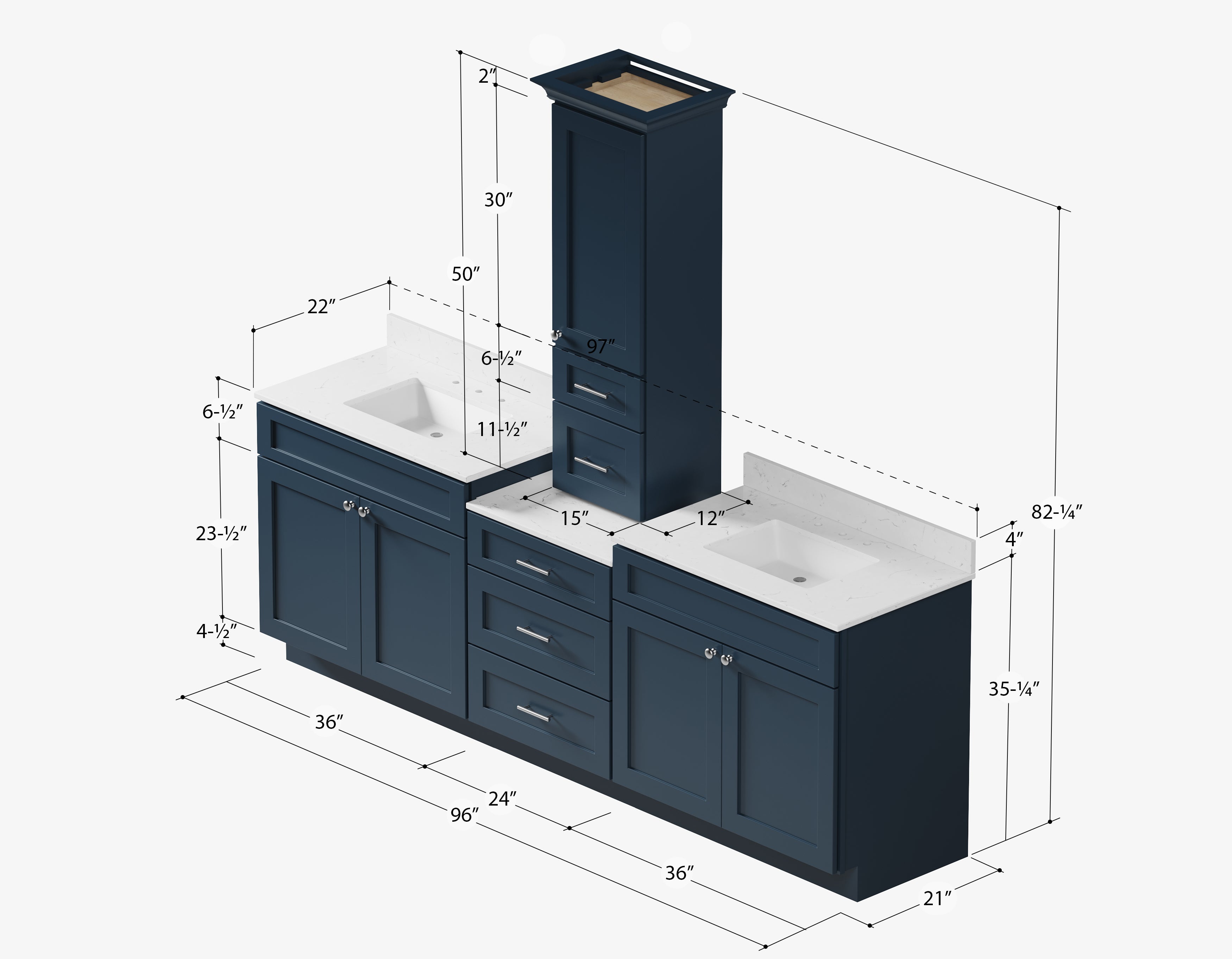 96'' Double Bathroom Vanity With Counter Top Tall Cabinet Shaker Dovetail Solid Wood Drawer Carrara Quartz Top