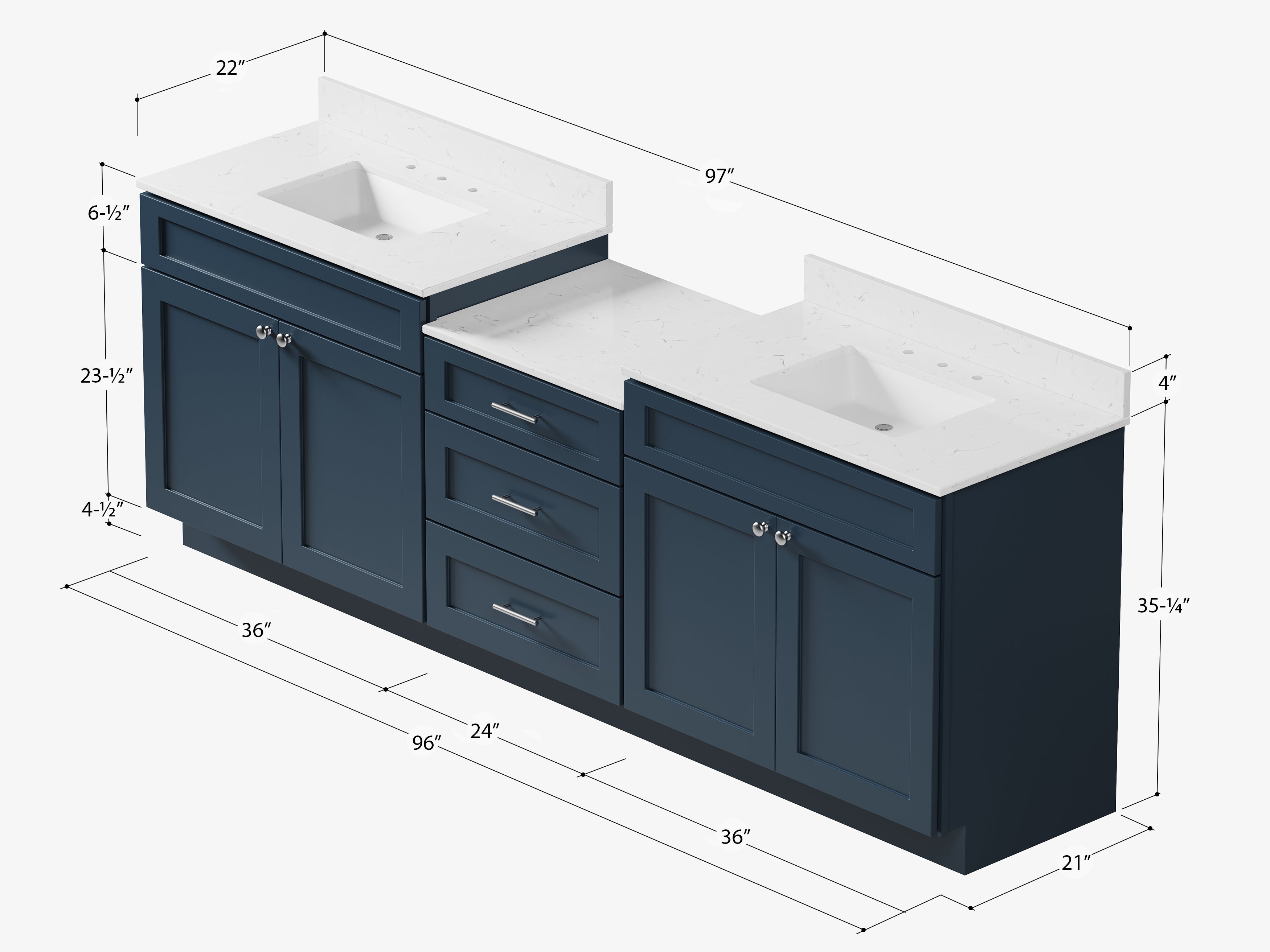 96'' Double Bathroom Vanity Cabinet Shaker Dovetail Solid Wood Drawer Carrara Quartz Top