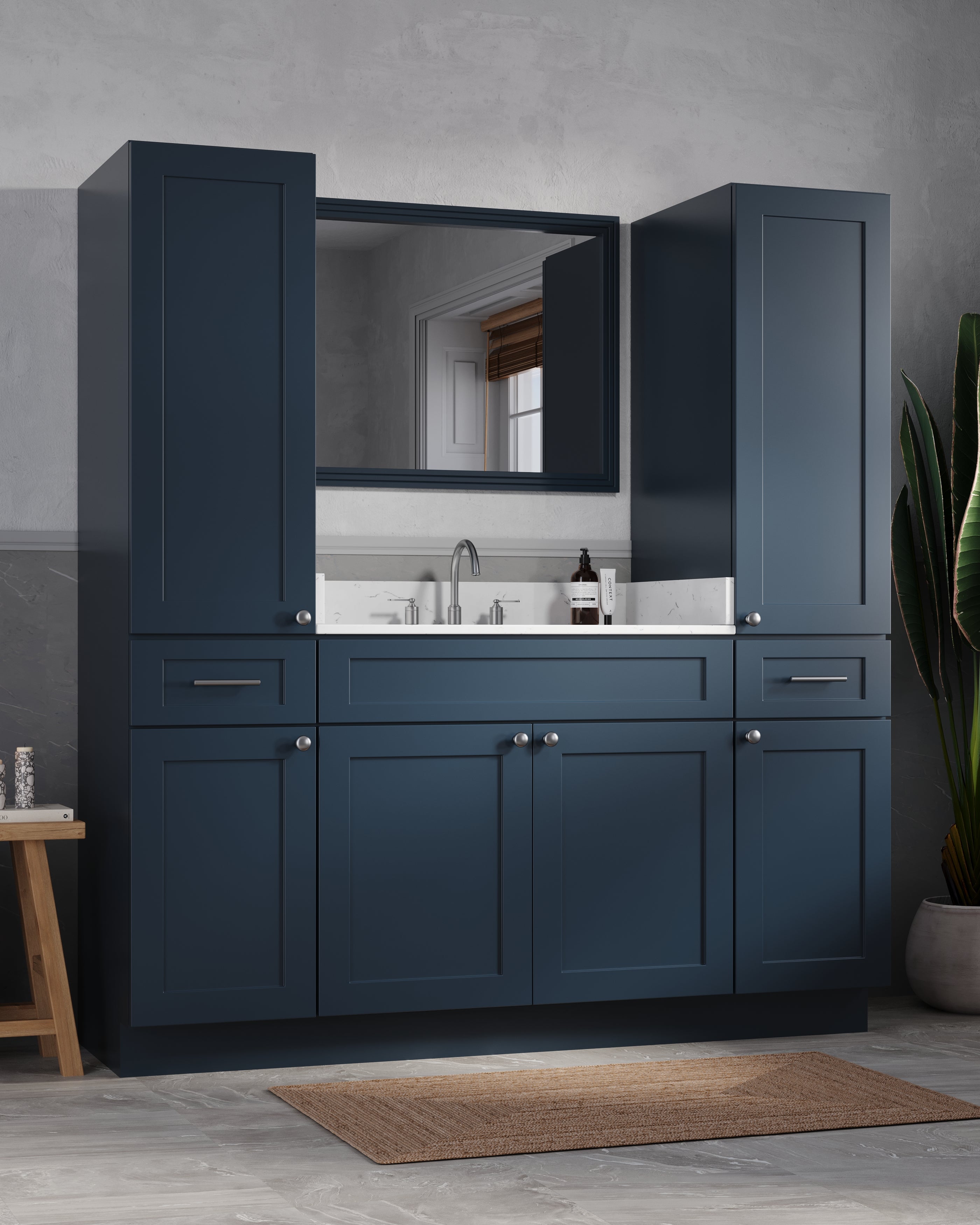 Disar 66'' Single Bathroom Vanity With Linen Tall Cabinet Shaker Dovetail Solid Wood Drawer Carrara Quartz Top