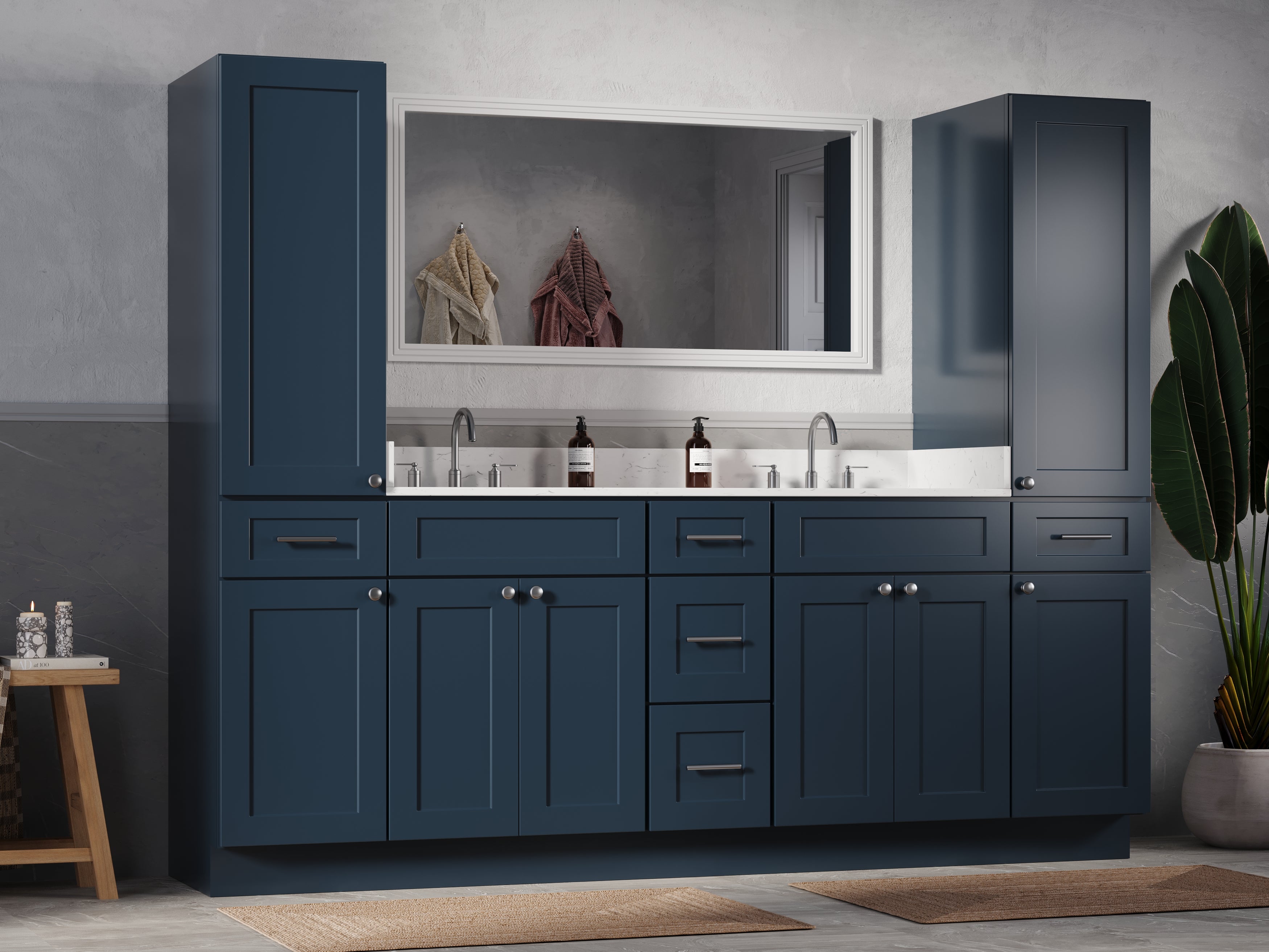 Disar 90'' Double Bathroom Vanity With Linen Tall Cabinet Shaker Dovetail Solid Wood Drawer Carrara Quartz Top