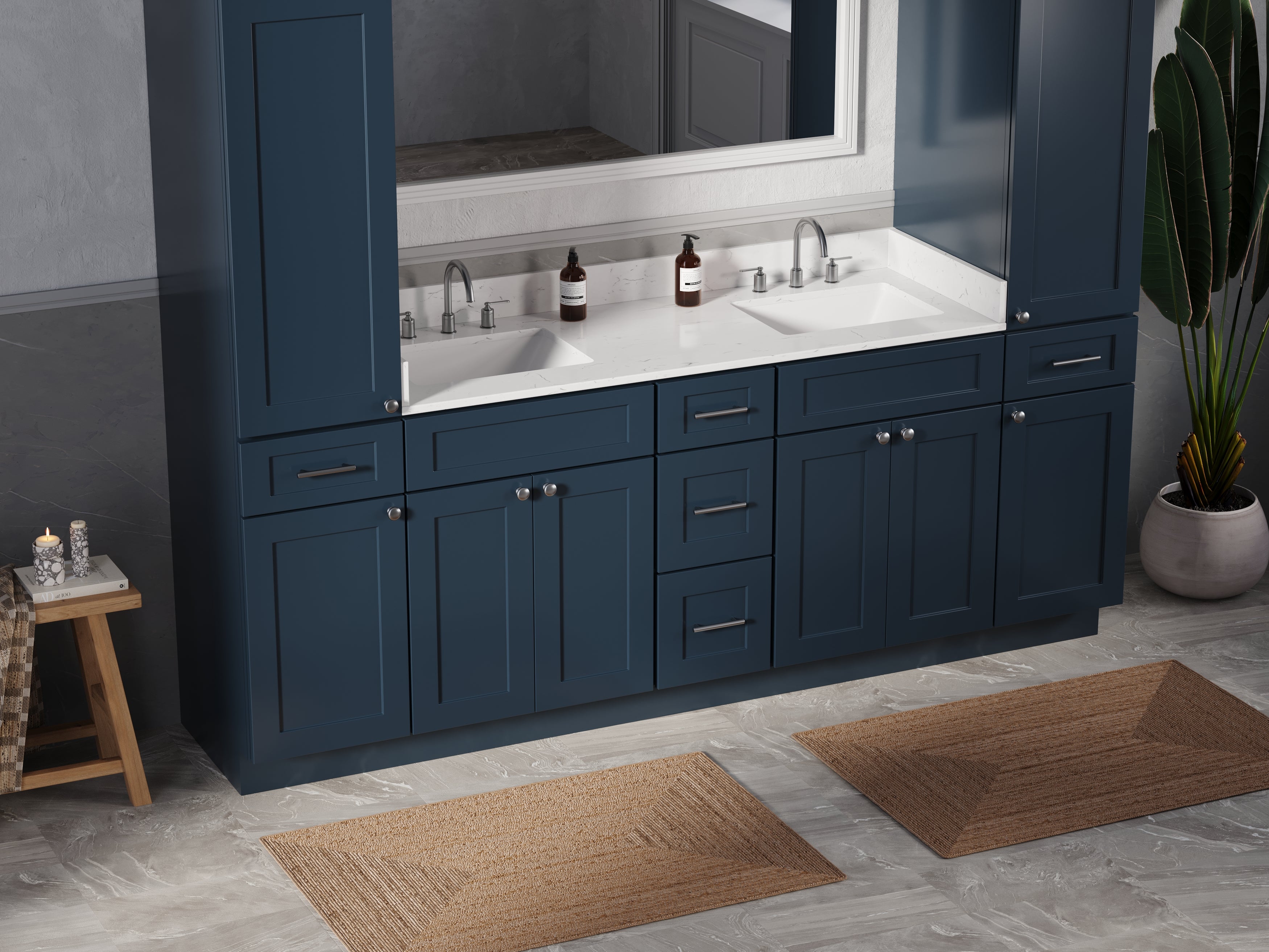 Disar 90'' Double Bathroom Vanity With Linen Tall Cabinet Shaker Dovetail Solid Wood Drawer Carrara Quartz Top