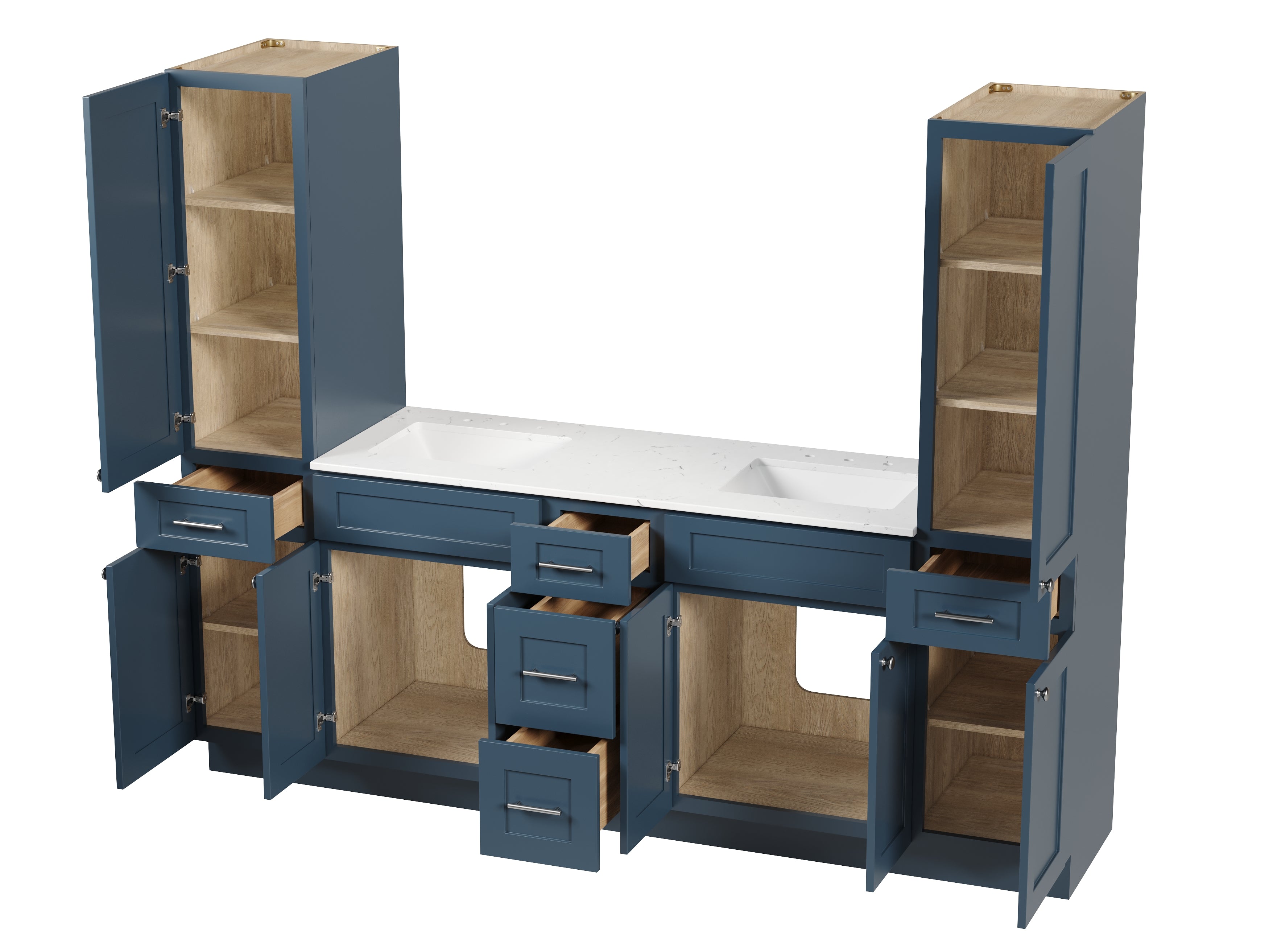 Disar 90'' Double Bathroom Vanity With Linen Tall Cabinet Shaker Dovetail Solid Wood Drawer Carrara Quartz Top