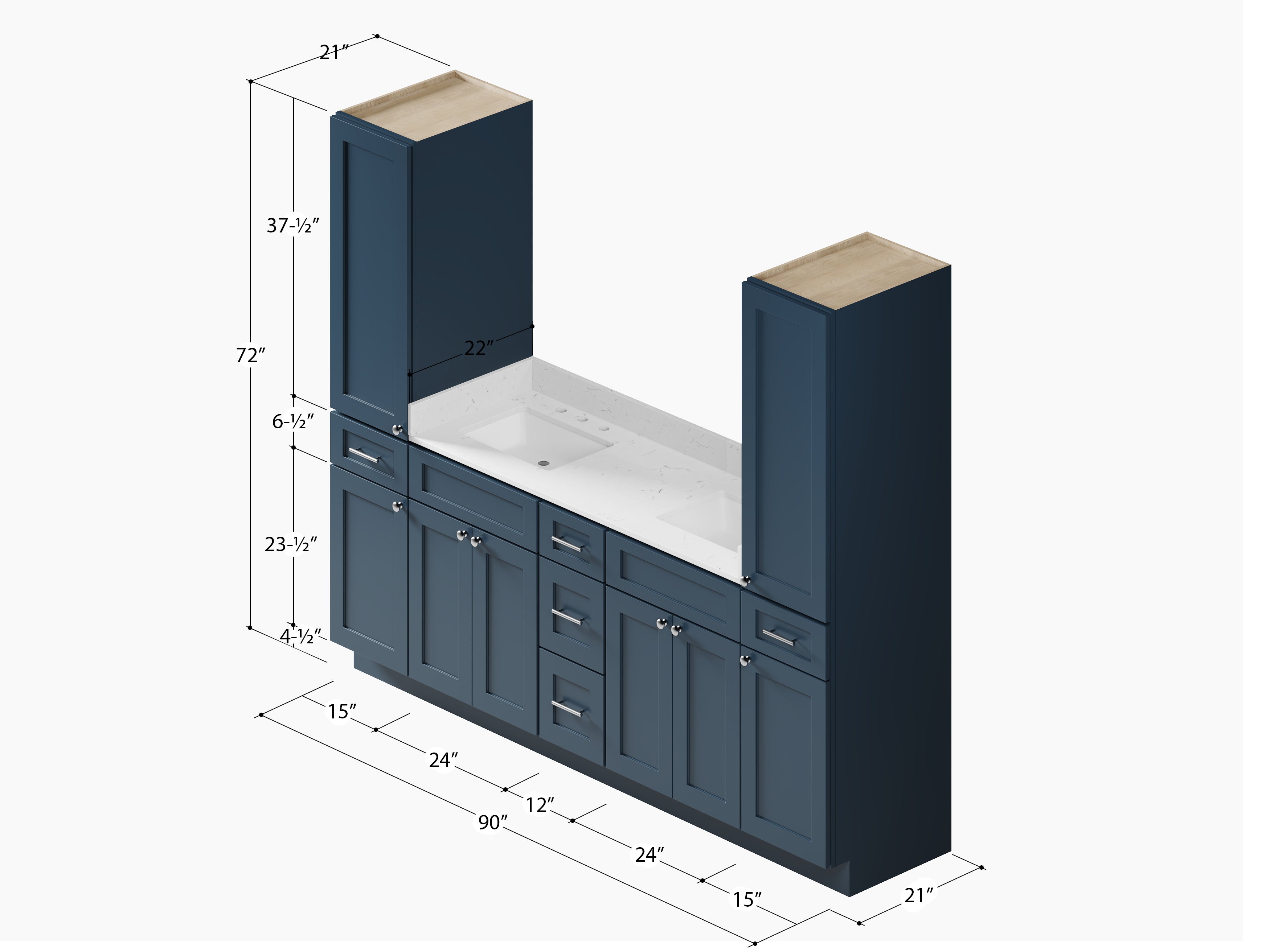 Disar 90'' Double Bathroom Vanity With Linen Tall Cabinet Shaker Dovetail Solid Wood Drawer Carrara Quartz Top